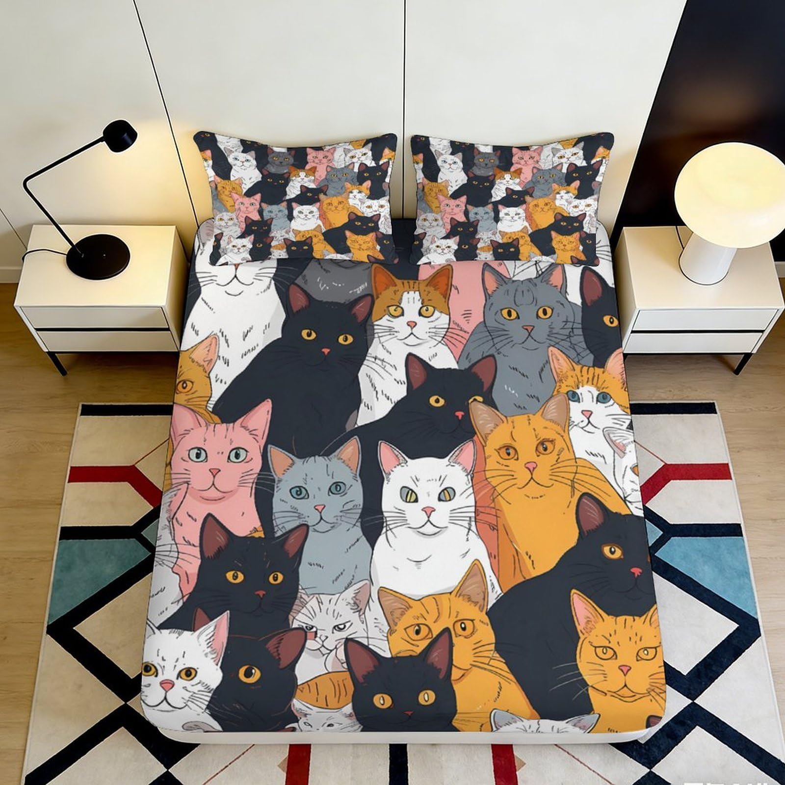 3D Printed Multicolor Cat Pattern Fitted Sheet Microfiber Soft Bed Cover for Bedroom Dorm Artistic Mattress Decor 90x200x25cm