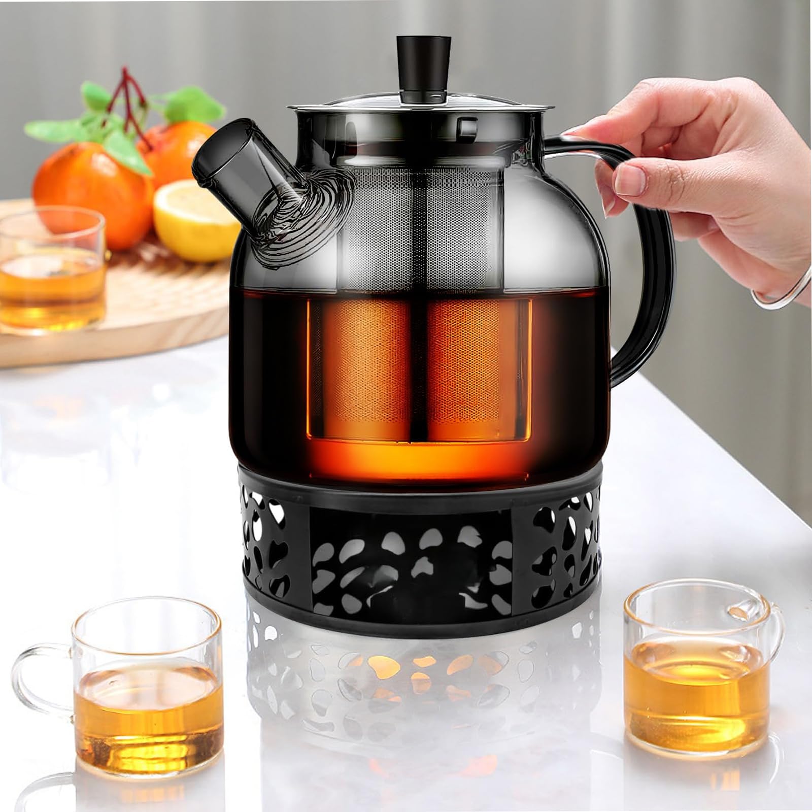 1500ml Teekanne mit Stövchen, Teekanne mit Siebeinsatz und Deckel, Glas Teebereiter mit Abnehmbare Siebeinsatz, Hitzebeständig Glaskanne für Losen Tees Fruchttee Duftender Tee Blumentee (Schwarz)