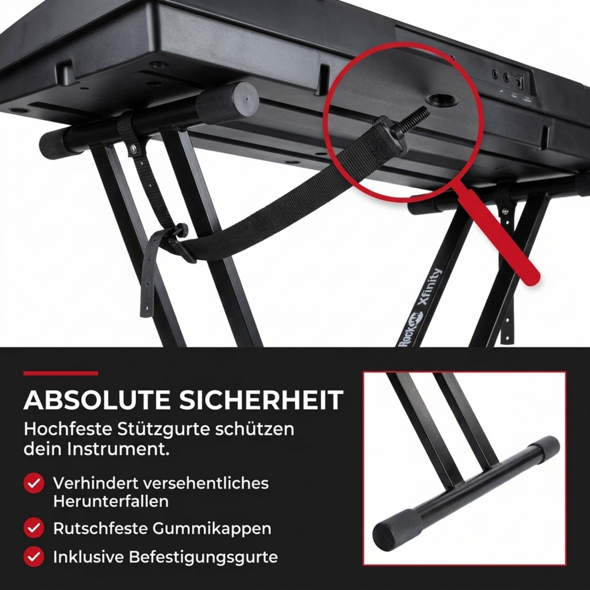 RockJam RJXX363 Xfinity robuster Keyboardständer, verstellbarer Digitalpiano-Ständer mit Doppel-X-Rahmen, Schnellverstellung, Sicherheitssperre und Gurte