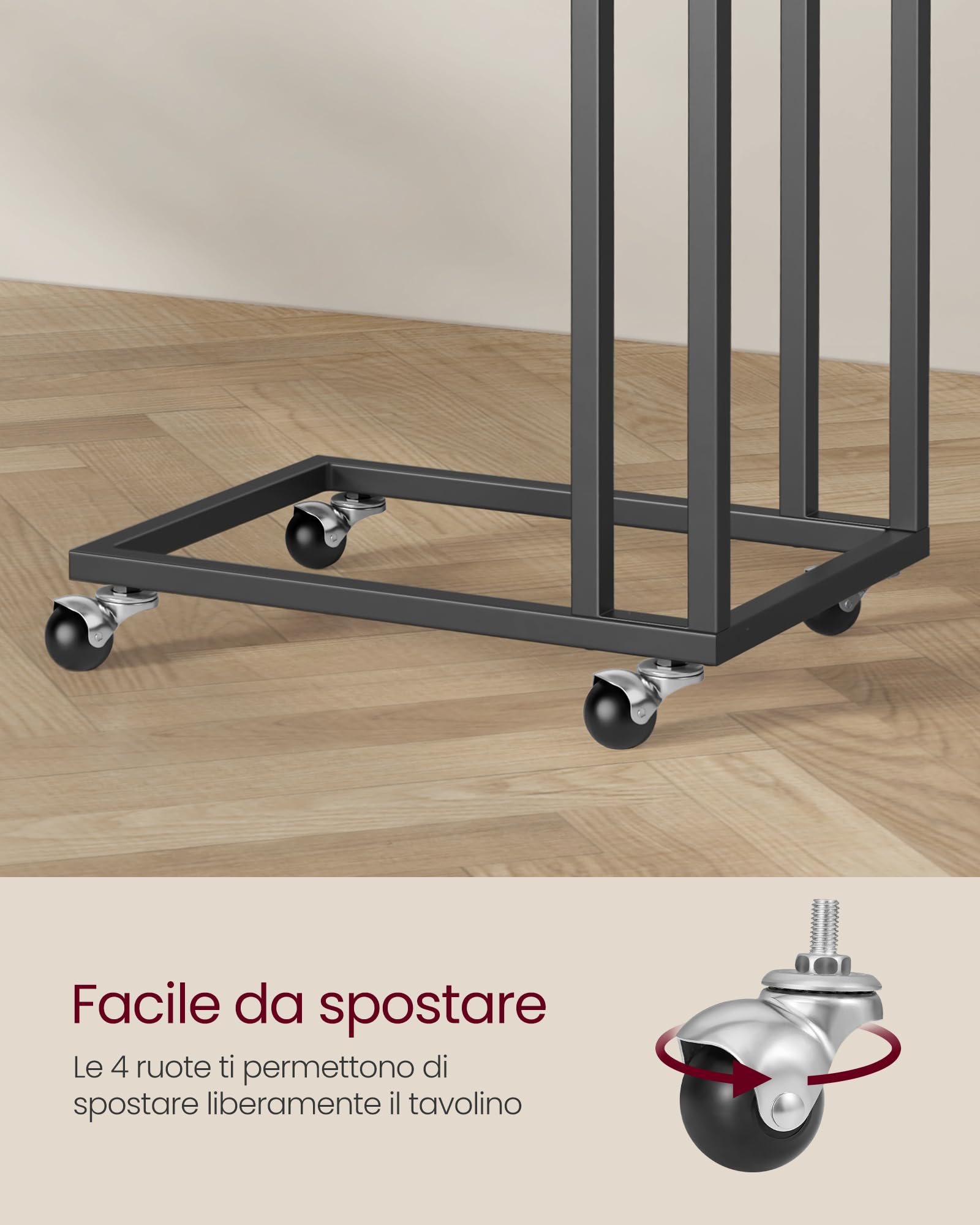 VASAGLE Tavolino da Letto con Ruote, Tavolino Mobile da Salotto, Comodino, Carrello, Soggiorno Camera da Letto, Struttura in Acciaio, Montaggio Facile, Nero Ebano LNT050B56