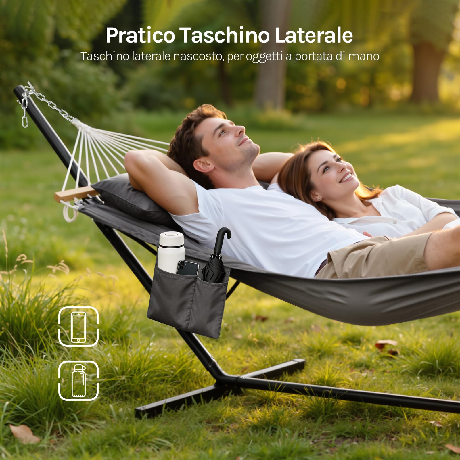 WOLTU Amaca da Giardino con Supporto, Tasca Laterale e Cuscino, Capacità di Carico 250 kg, Ampia Amaca Doppia per Terrazza, Balcone, Campeggio, Grigio Scuro