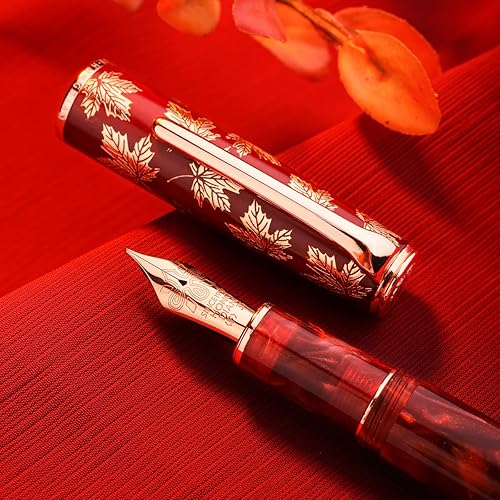 Hongdian N8 - Pluma estilográfica de oro rosa, punta extrafina con alimentación de ébonita, resina roja, tapa de tallado de hoja de arce con