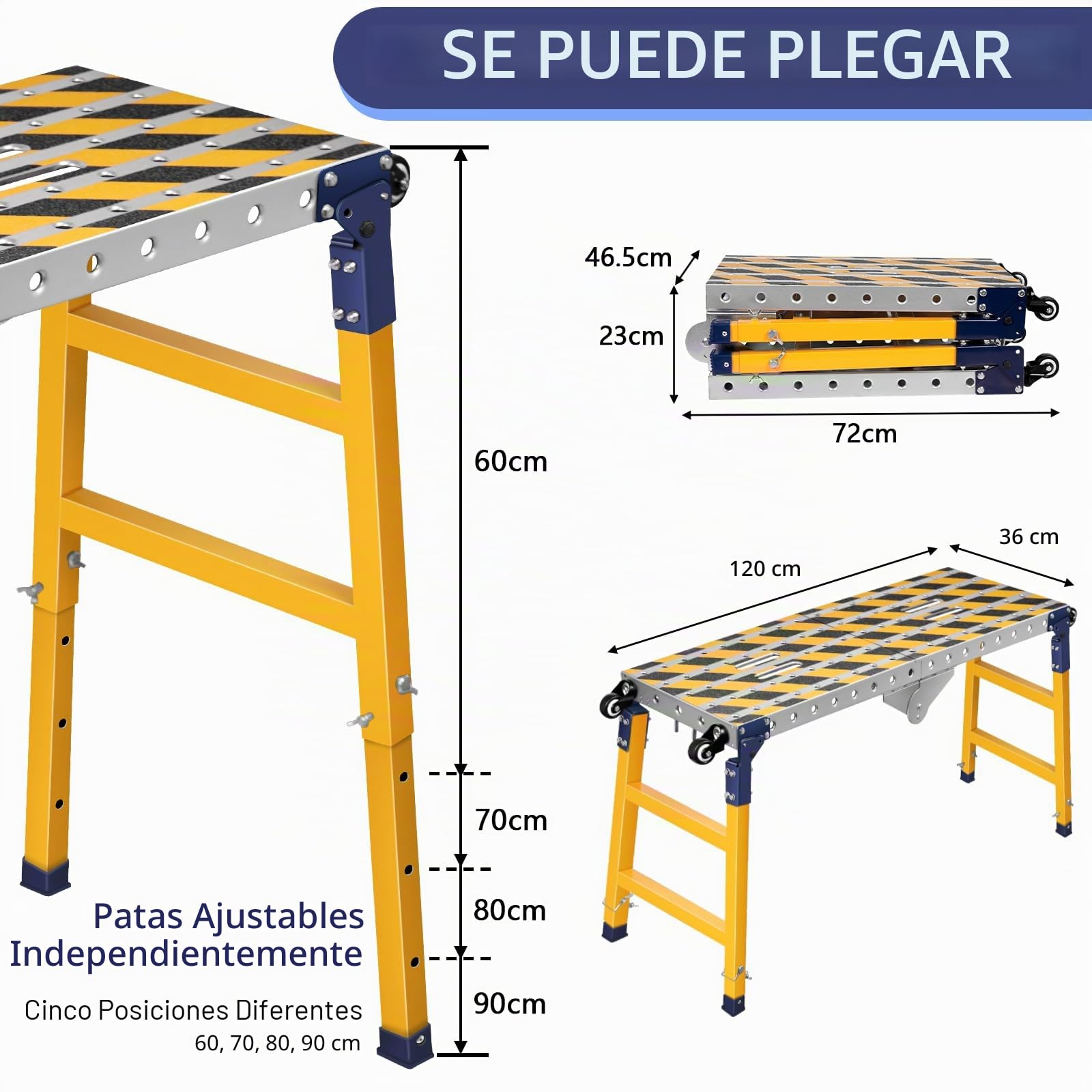 Plataforma de trabajo estable 2 en 1 + mesa de soldadura móvil con tiras adhesivas antideslizantes, altura ajustable de 60 a 90 cm, plataforma de trabajo plegable, de aluminio, banco de trabajo