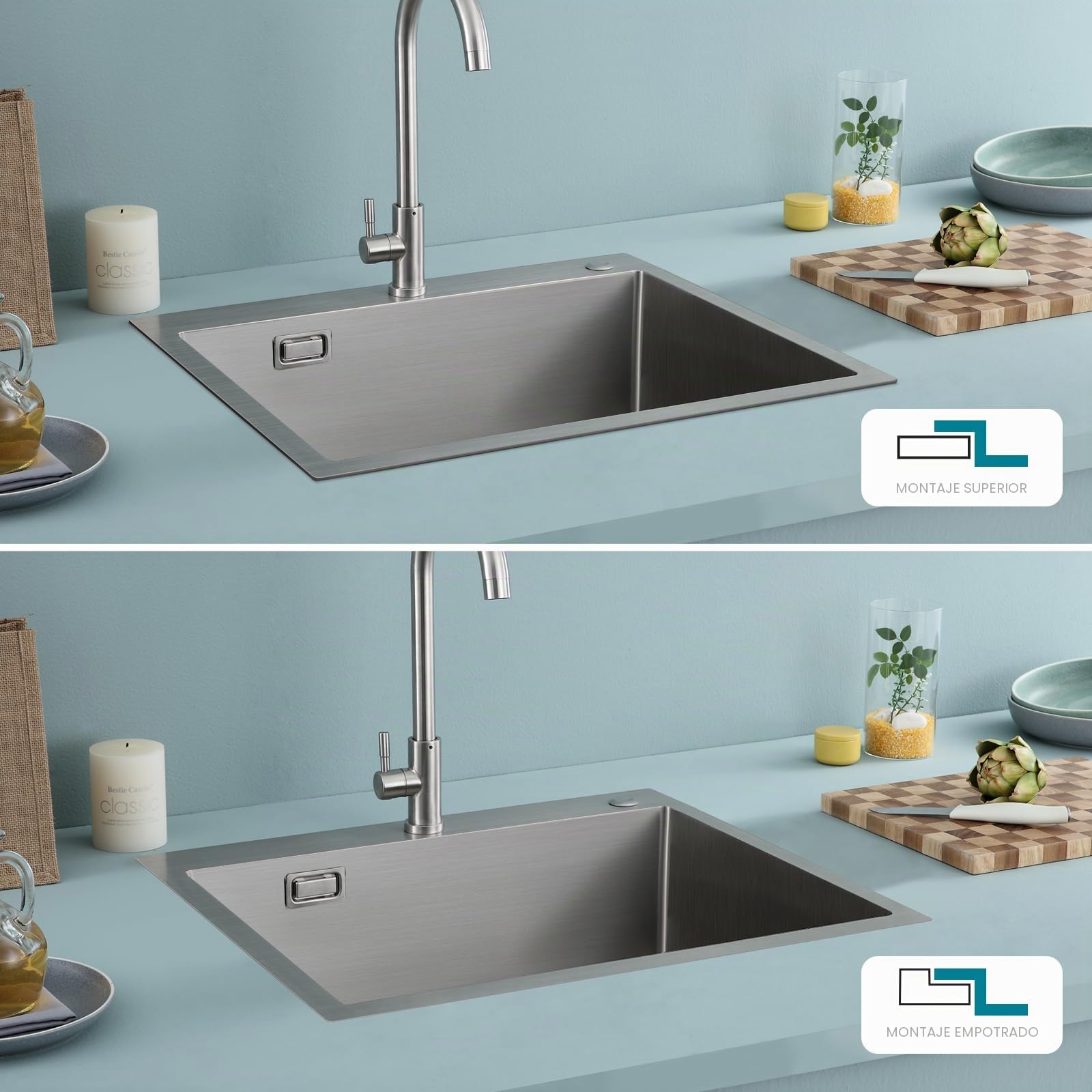 Fregadero de cocina de acero inoxidable 304 hecho a mano, 60 x 50 x 19 cm, con escurridor, 1 tazón, plateado cepillado satinado