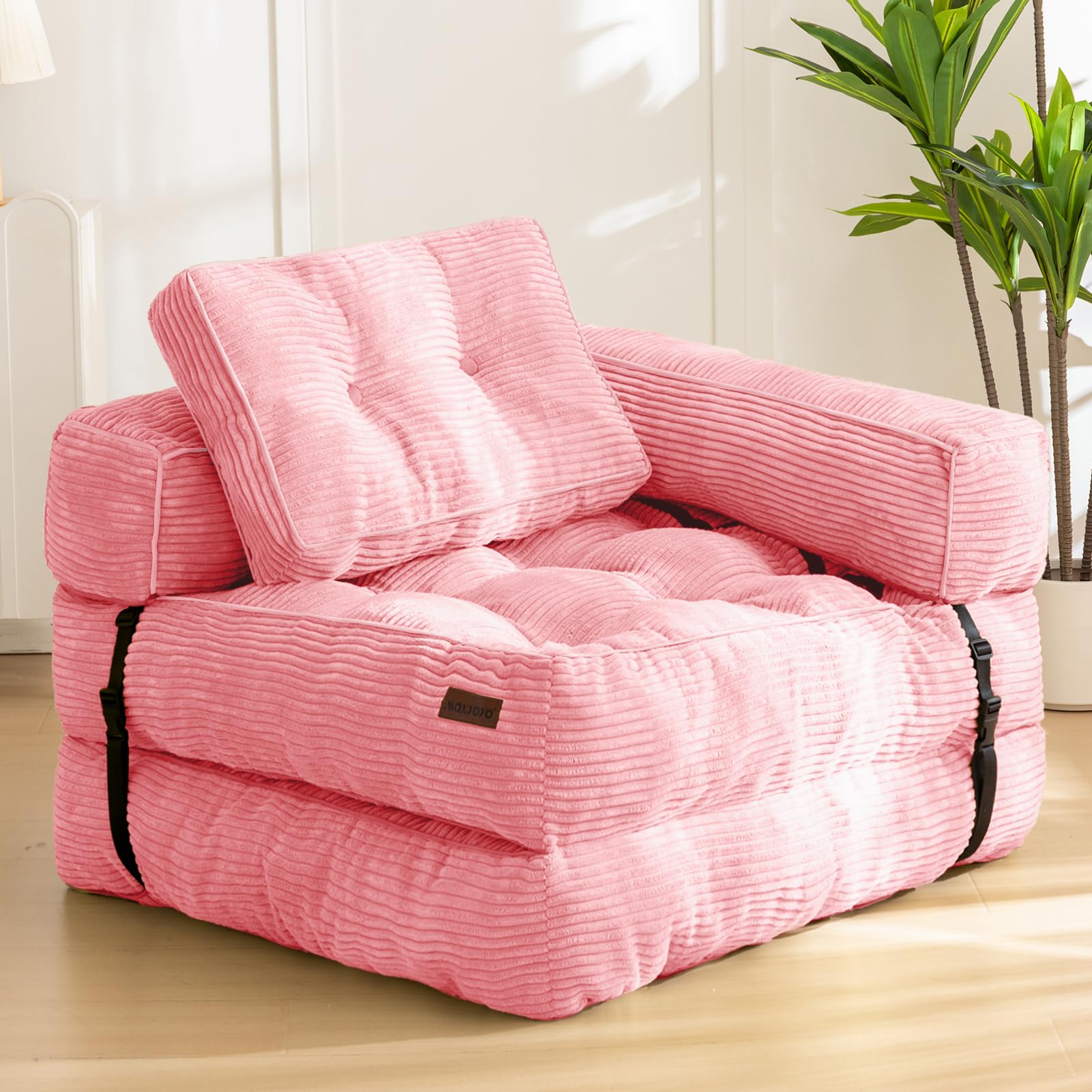MAXYOYO Folding Sofa Bed, L-Shaped Convertible Sofa Bed with Armrest Foldable Sleeper Sofa with Pillow, Portable Fold Out Chair Bed Comfy Floor Sofa Lounge for Living Room Bedroom, Pink