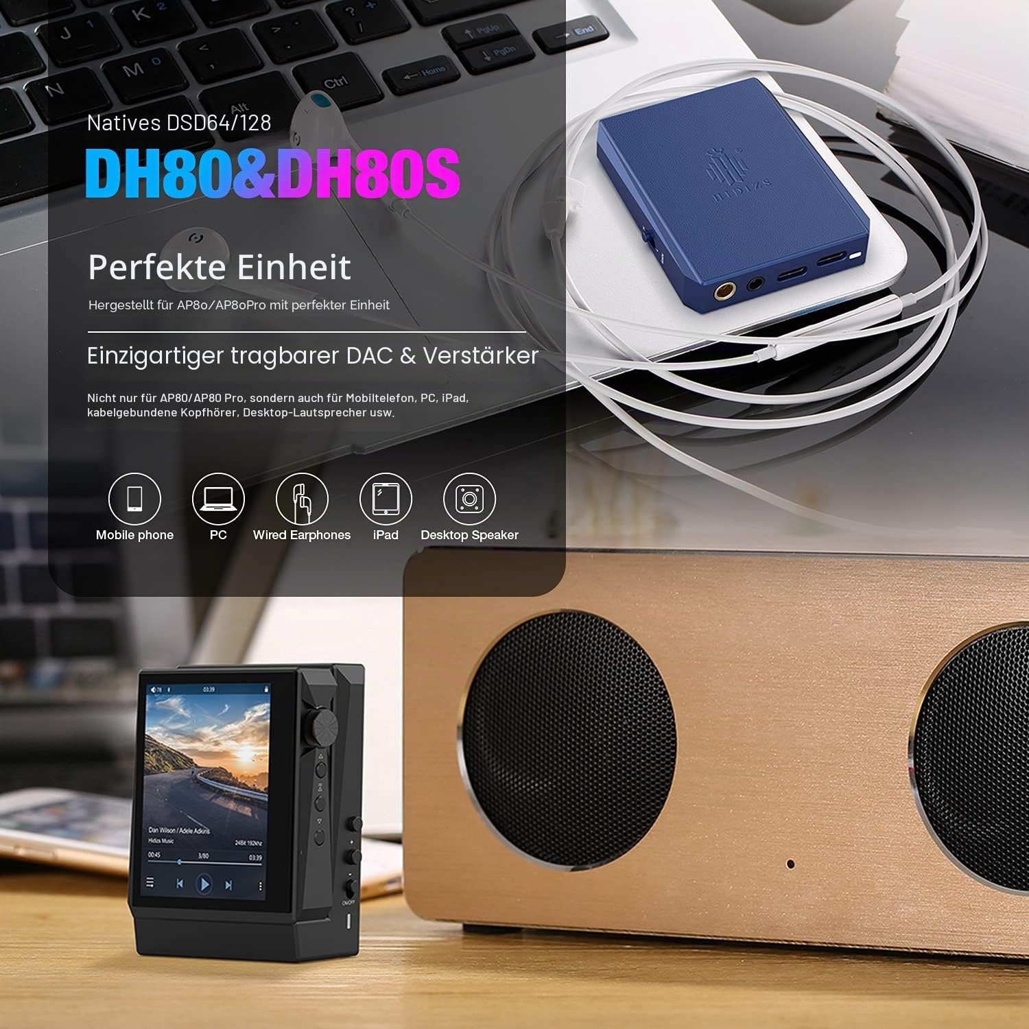 HIDIZS DH80S Tragbarer symmetrischer DAC und Verstärker, tragbarer DSD64/128-Audiodecodierungsverstärker, 4,4-mm-/3,5-mm-Anschlussausgang für Windows 10/Mac OS/iPad OS/Android/iOS-System
