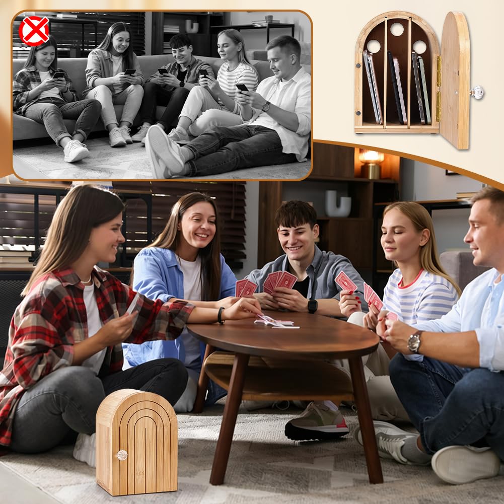 UNICRAFTALE Scatola per cellulare in bambù, 3 pezzi, per 6 telefoni cellulari, stabile supporto in legno robusto con prese di ricarica, ideale per cene di famiglia o ufficio, 7,13 x 6,38 x 10,28