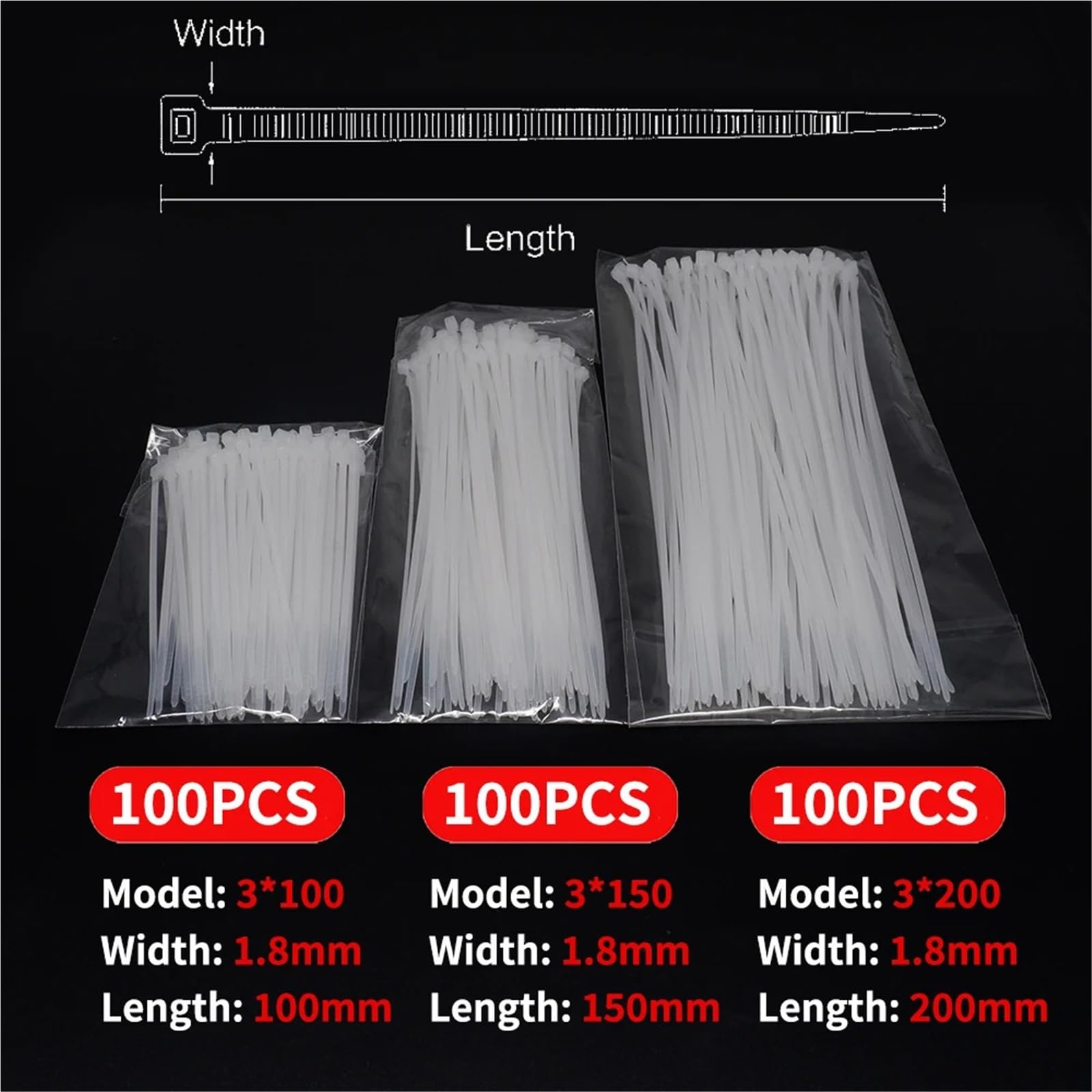 cinturón de plástico, Paquete de 300 bridas de nailon autoblocantes for cables, multicolor(White)