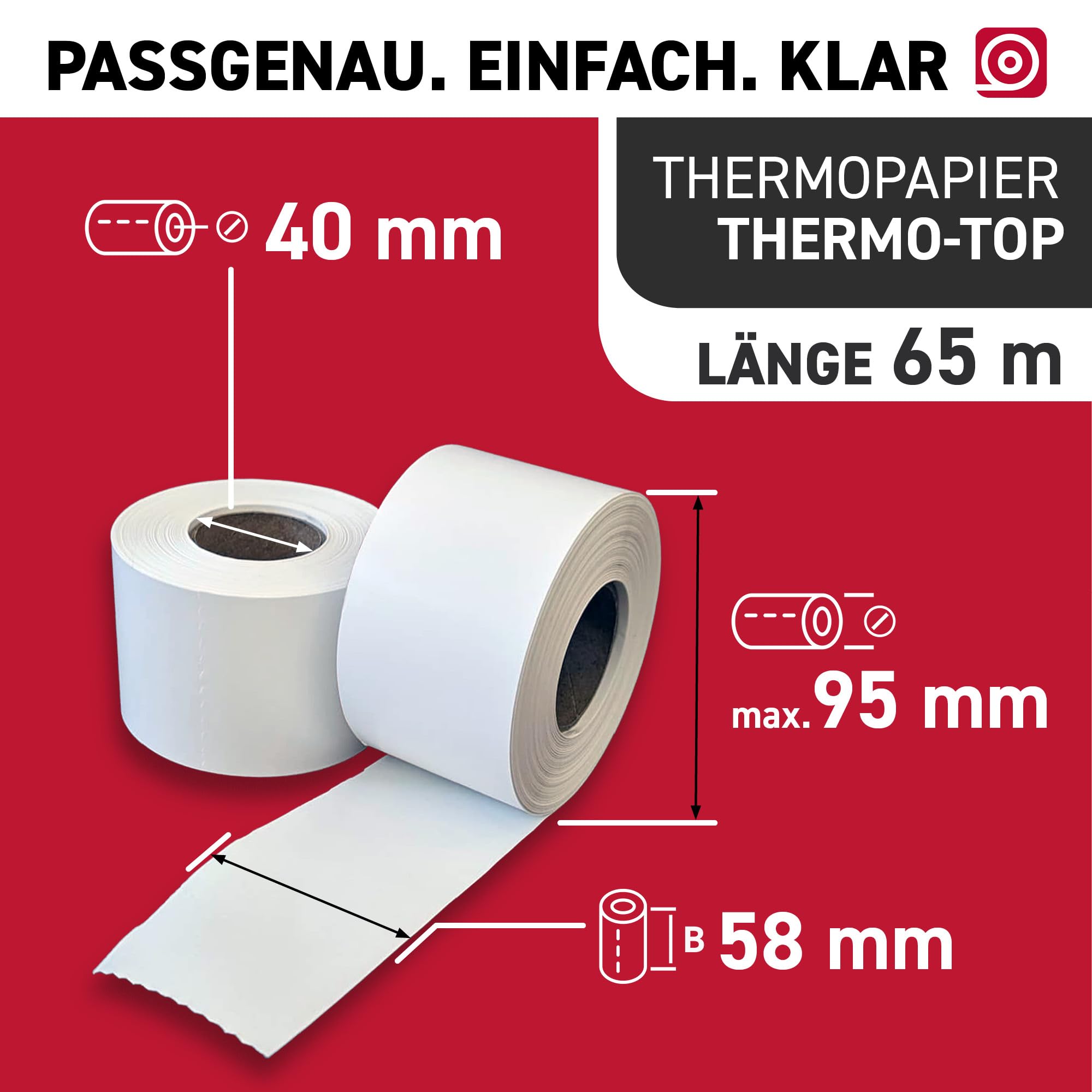 Linerless Thermoetiketten 58 mm x 65 m x 40 mm Kern - 24x trägerlose Etiketten selbstklebend ohne Träger mit Ø ca. 95 mm - passend für Bizerba, Mettler Toledo - Thermo Etiketten für Waagen