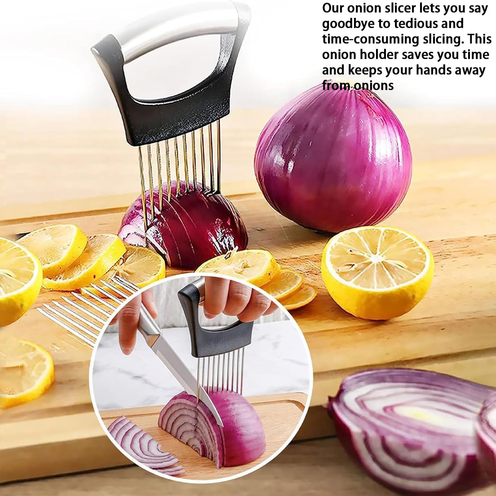 PACIOCEAN 2Pcs Upgraded Onion Holder Slicer, Stainless Steel Multi-Vegetable Cutting Tool with Finger Guard for Onion Potato - Image 3