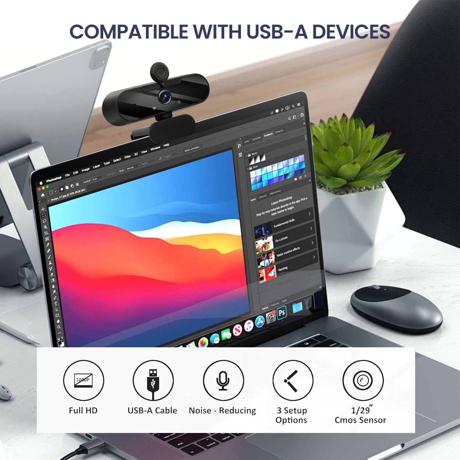 USB HD 1080P Video Webcam and Wide Angle Camera with Built-in Microphone and Rotatable Tripod,for Laptop Computer or Desktop PC,Great for Live Streaming.Calls.Video Conferencing(Black)