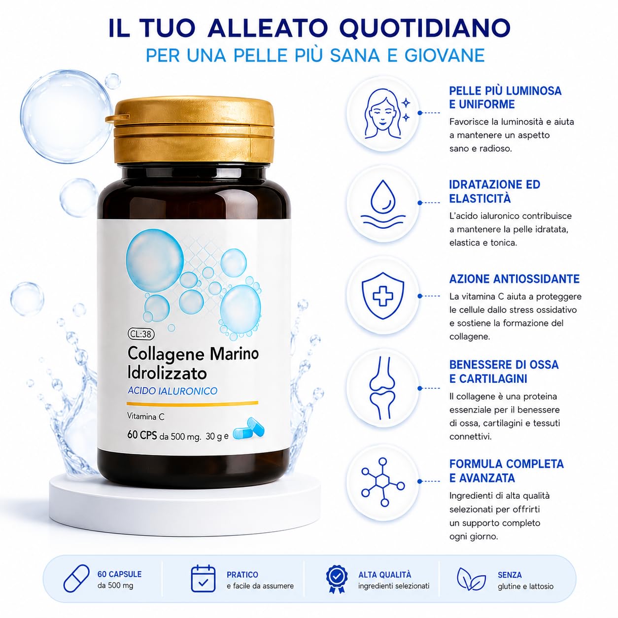 Collagene Marino Idrolizzato 240 Compresse | Acido Ialuronico, Pelle, Capelli, Unghie, Articolazioni