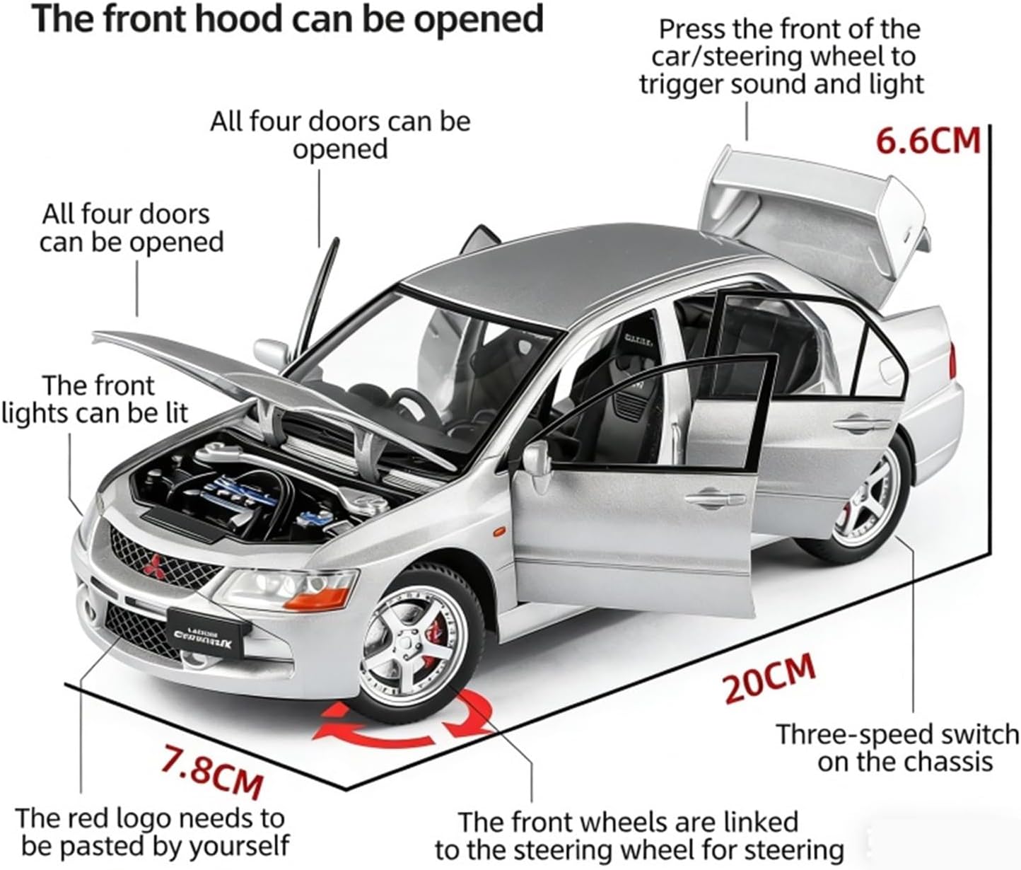 1：24 for Mitsubishi EVO9 Light and Sound Pull Back Car Toys Suitable Outdoor Play Vehicles(White)