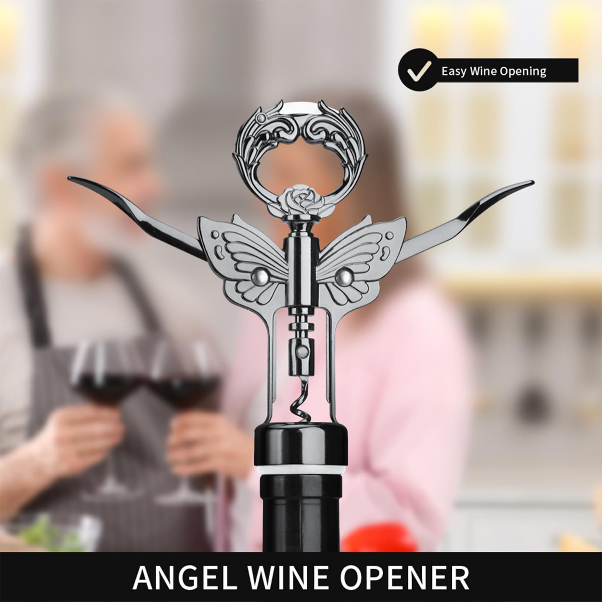 Abridor de vino, 3 en 1, sacacorchos de ala de alta calidad, abridor de botellas de vino con abrebotellas multifuncional y cortador de lámina dentada para vino y cerveza (negro) 3