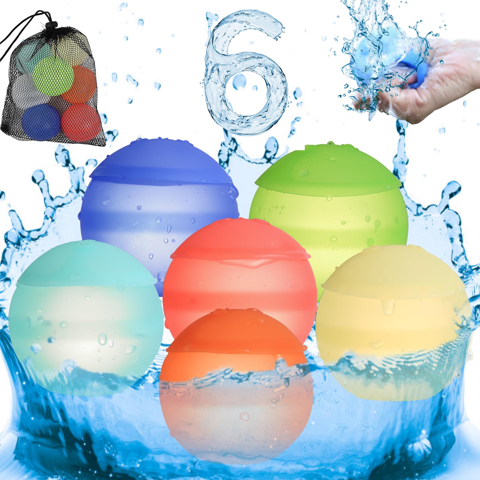 UHdod Reusable Water Balloons for Kids Adults, 6 PCS Water Balloons with Mesh Bag, Quick Fill Water Bombs for Summer Outdoor Games Party