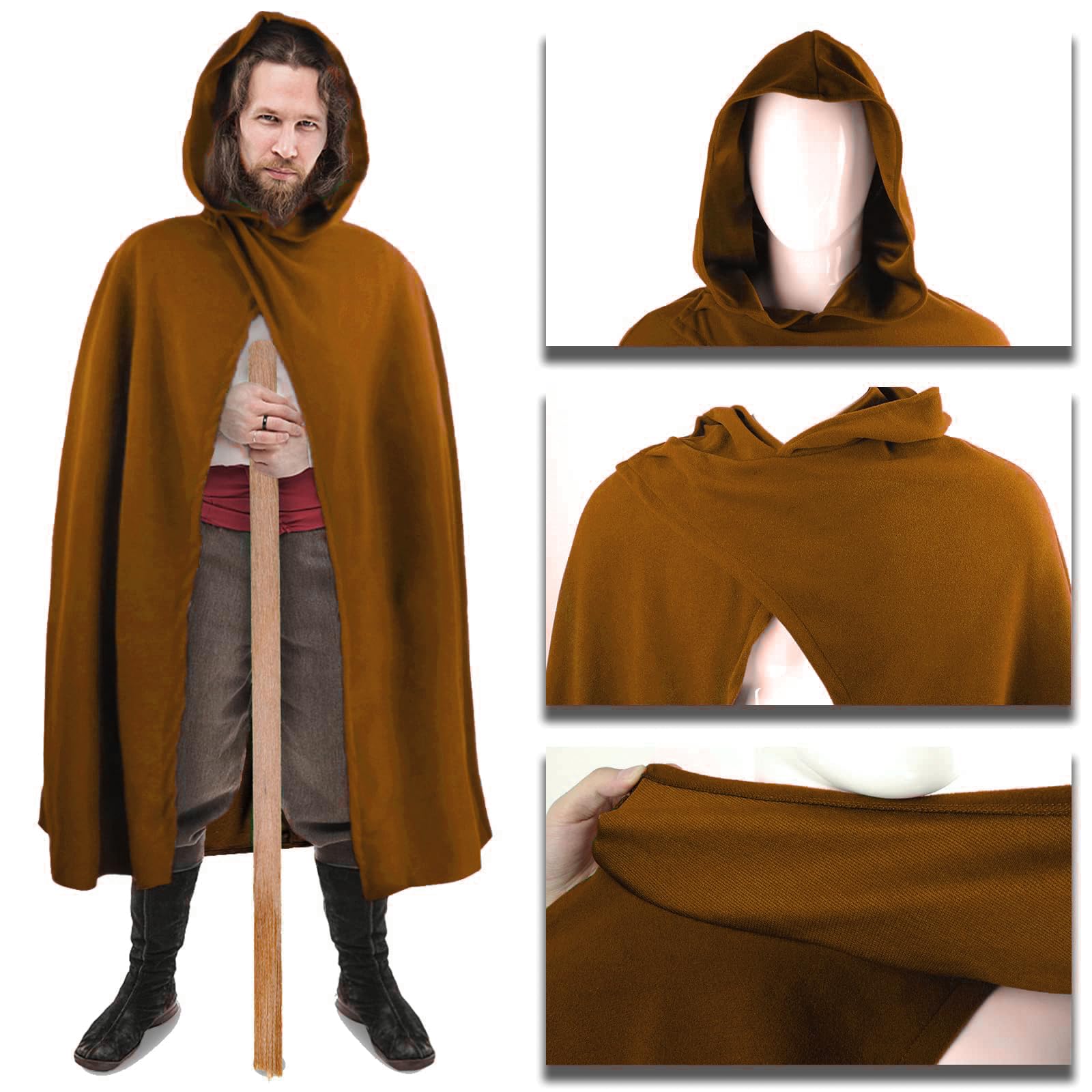 FSUJWOA Renaissance Hooded Cape Medieval Costumes with Hood Cloak Halloween Costume (Brown, Style-1) - Image 2