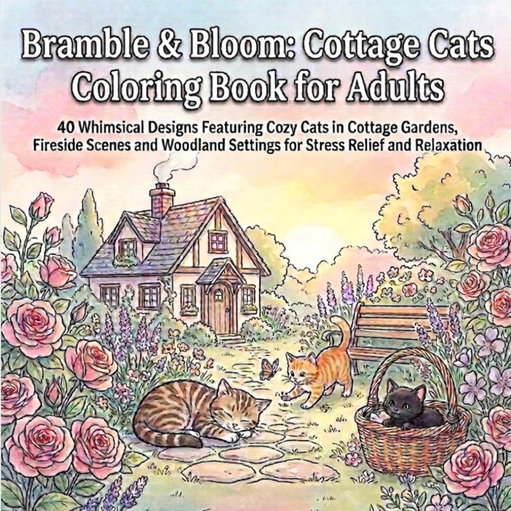 Bramble & Bloom: Cottage Cats Coloring Book for Adults: 40 Whimsical Designs Featuring Cozy Cats in Cottage Gardens, Fireside Scenes and Woodland Settings for Stress Relief and Relaxation