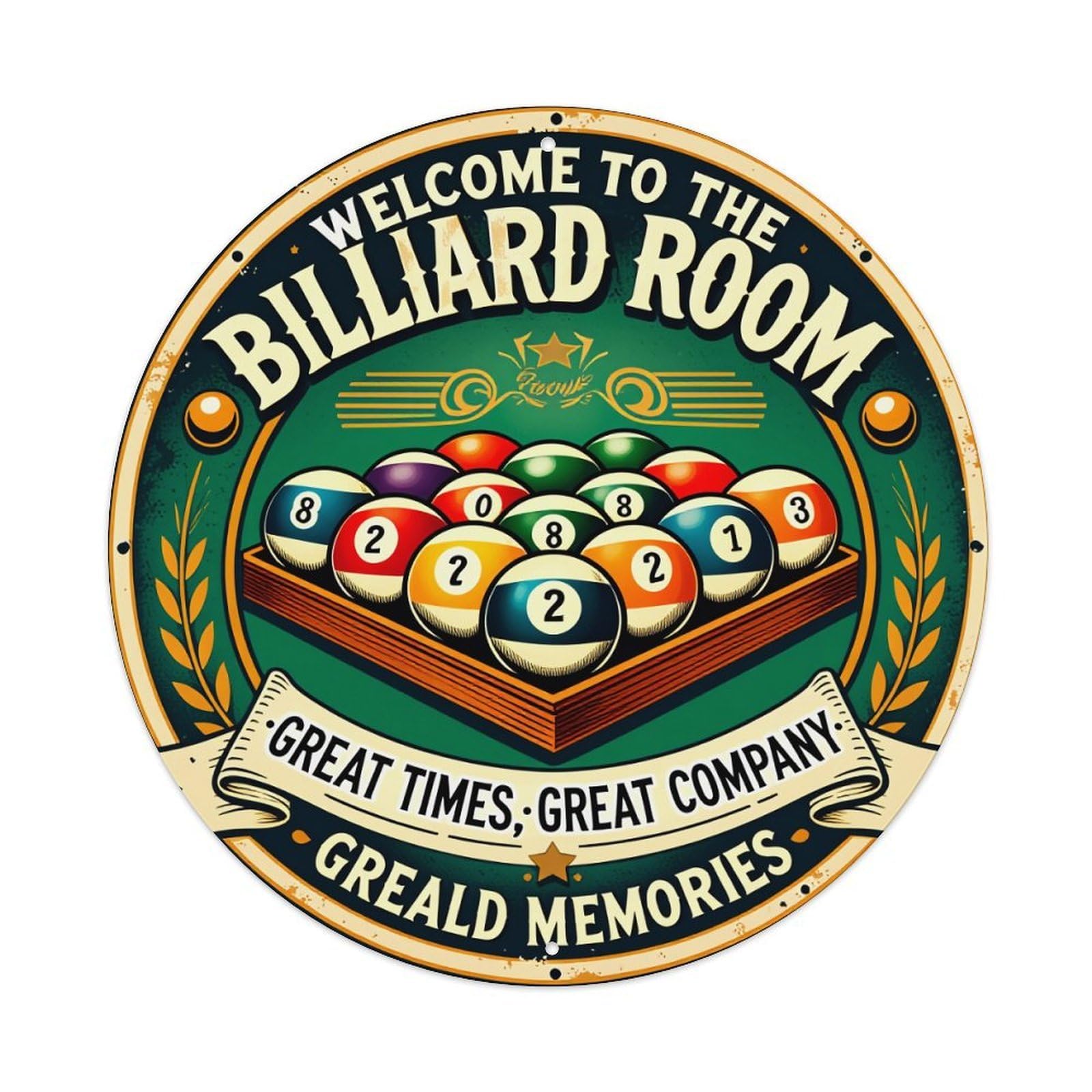 Billiard Room Sign Design Pattern Round Tin Sign Vintage Metal Poster, Home Bar Garage Man Cave Cafe Indoor & Outdoor Wall Decoration 8x8Inches