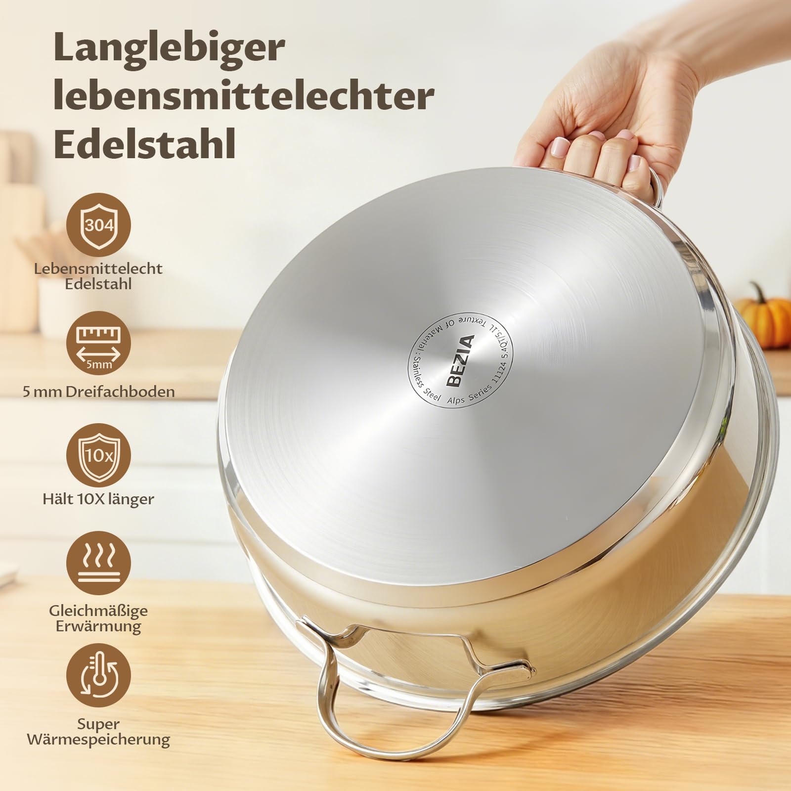 BEZIA Schmorpfanne 28 cm mit hohem Rand & Deckel, Induktions-Bräter 5,2 L | Edelstahl 18/10 Pfanne, unbeschichtet mit Mengenanzeige, Nietfrei & pflegeleicht, Schmortopf zum Schmoren & scharfen Anbraten