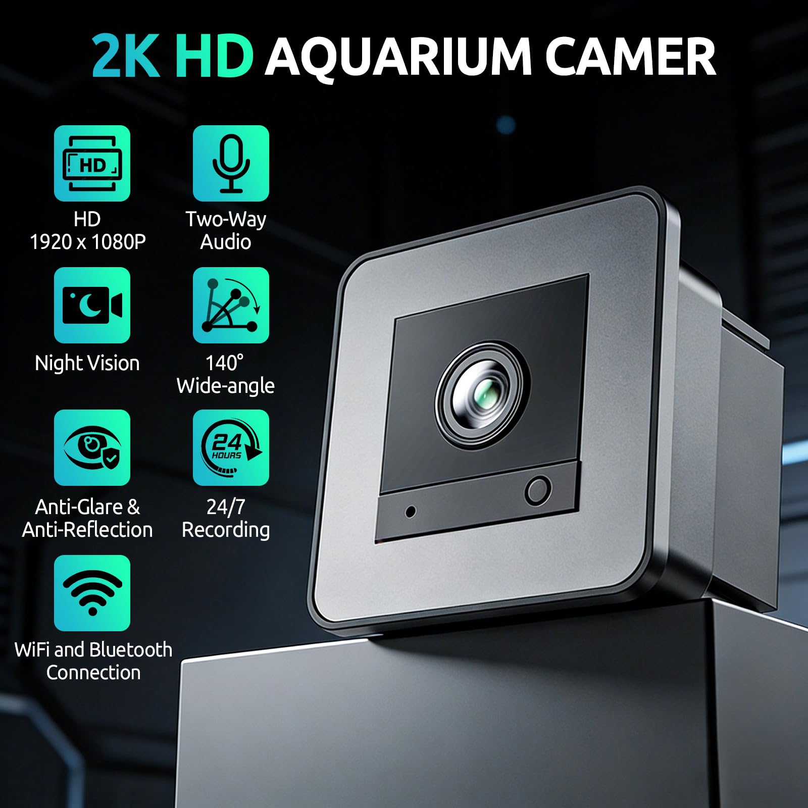 JAOGAUS Cámara de Acuario,Cámara WiFi para Mascotas, Terrario 2K HD, Gran Angular de 140°, grabación de 24 Horas para Peces y Reptiles.