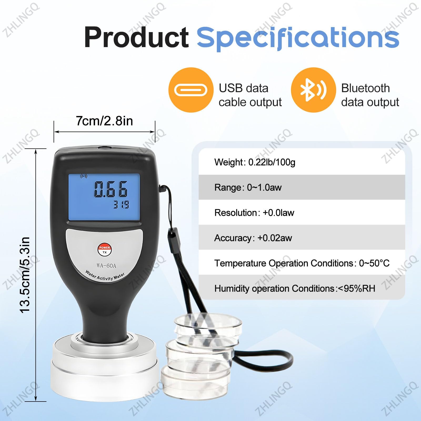 Misuratore portatile di attività dell'acqua per alimenti, tester digitale Aw Monitor 0.00-1.00aw risoluzione 0.01, display LCD Bluetooth