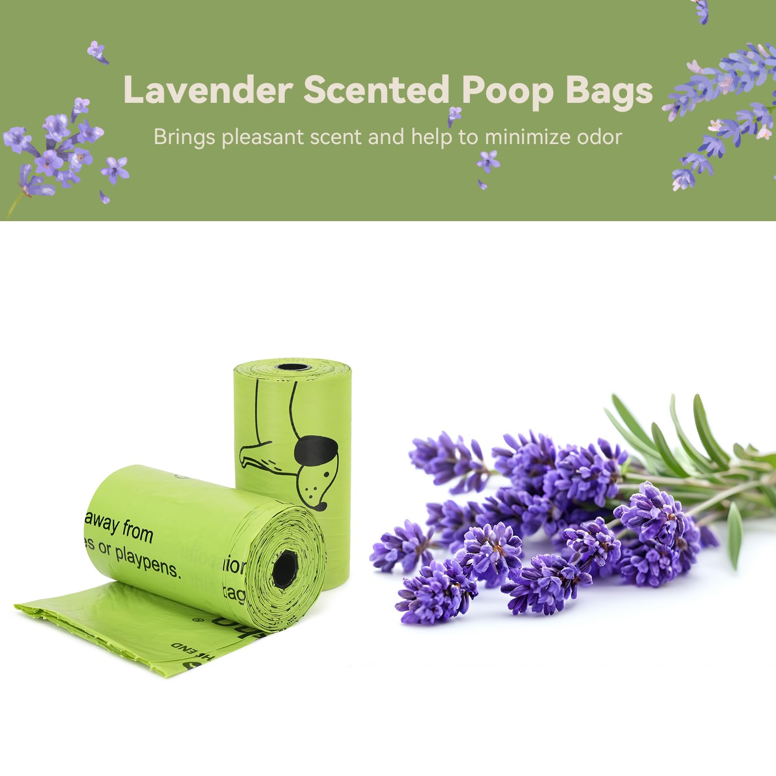 Bolsas para excrementos de perros (600 unidades, 30 rollos) con aroma a lavanda, a prueba de fugas, bolsas de basura fuertes de 13 x 9 pulgadas con dispensador, verde/a granel