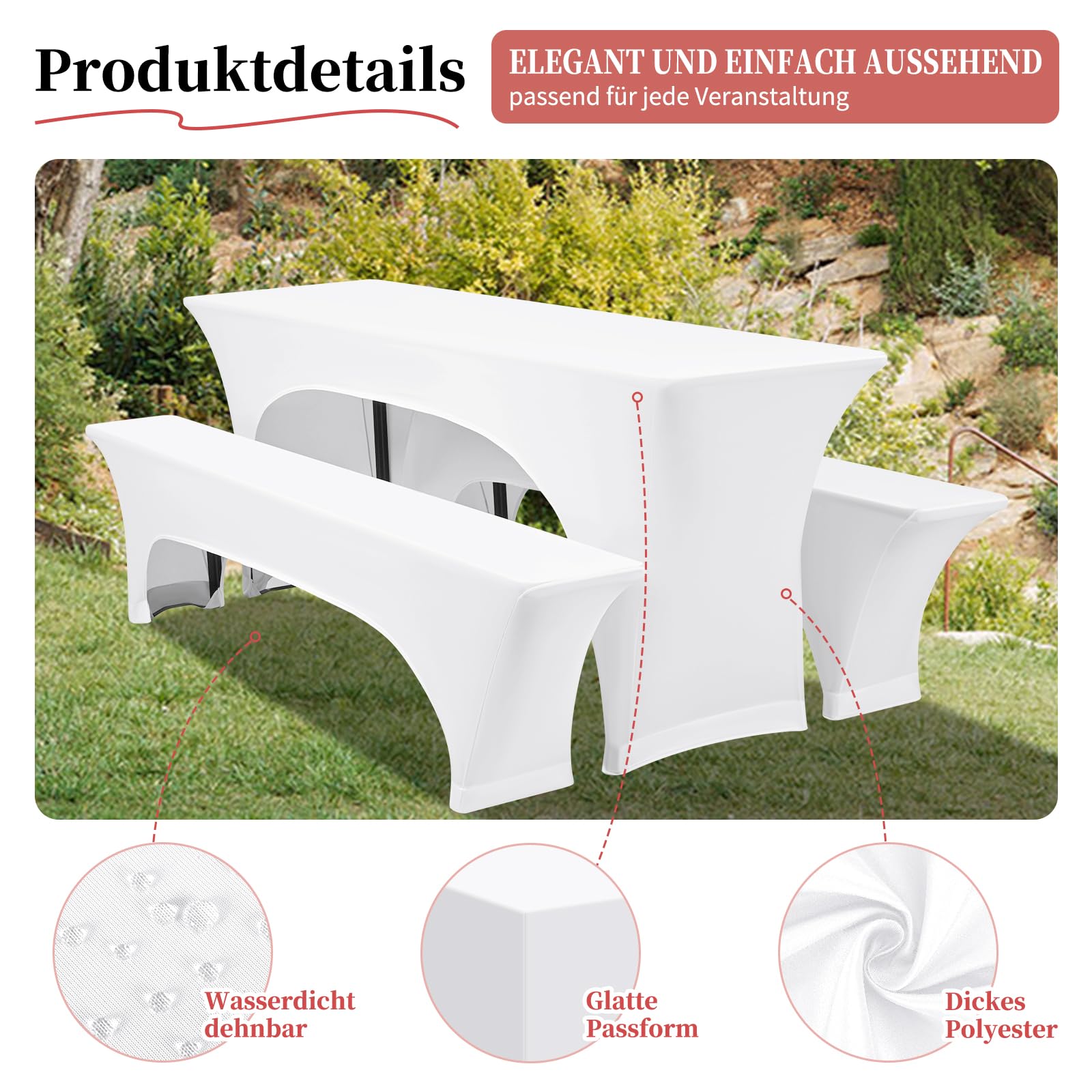 Set di 2 teli da birra, 3 pezzi, bianchi elastici per tavolo da birra e copertura per panchina, larghezza tavolo 50 cm, impermeabile, 220 x 50 x 70 cm, per esterni, giardino