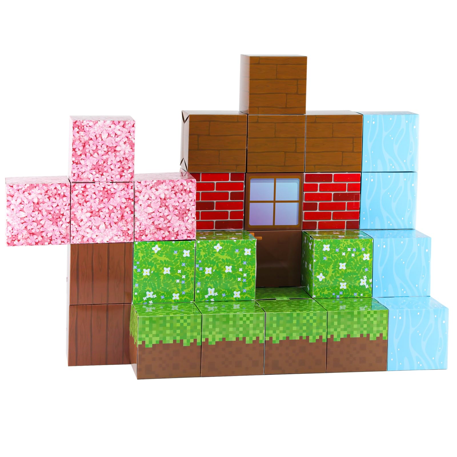 32PCS Pixel Theme Treat Boxes for Game Theme Birthday Decorations, Video Game Party Supplies and Favor Boxes with 9 Designs, Pre-Folded Paper Cubes