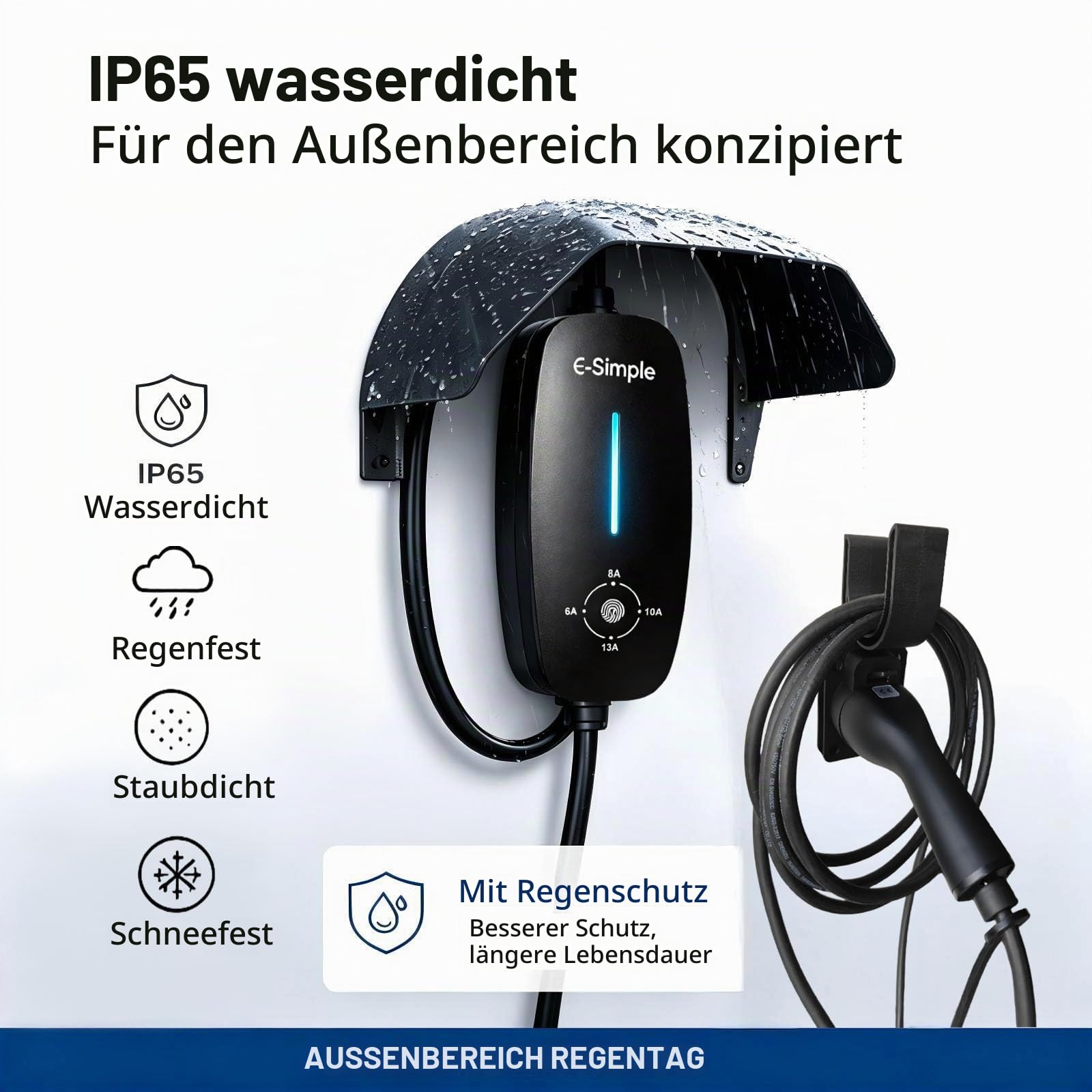 Typ 2 Ladekabel Schuko, 5M, 3KW, 6-13A, EV Ladegerät mit Schuko Stecker 16A