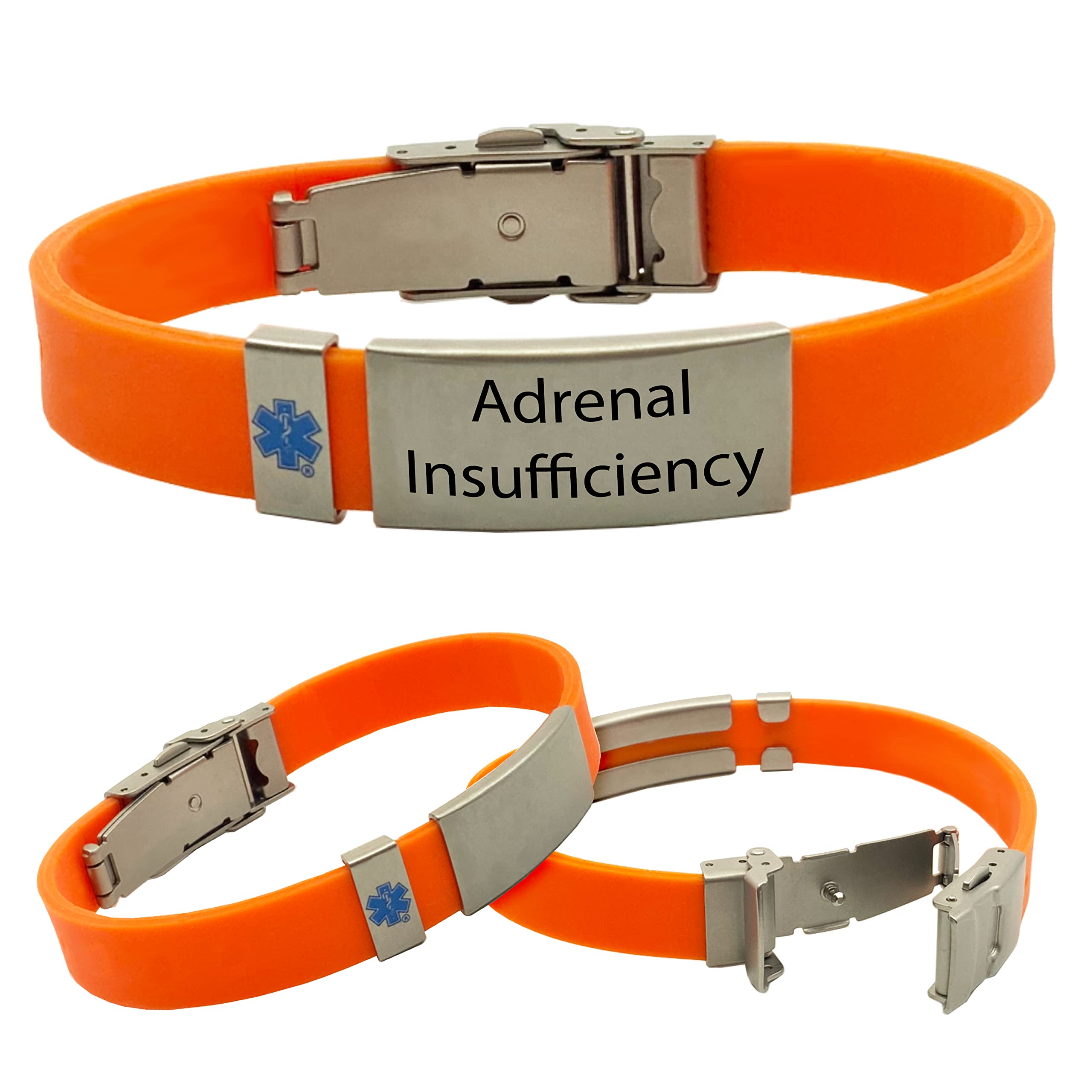 Adrenal Insufficiency Medical Alert ID Bracelet For Men - Stainless Steel, Blue Accent, 8"-9" Sizes 10 thumbnail image