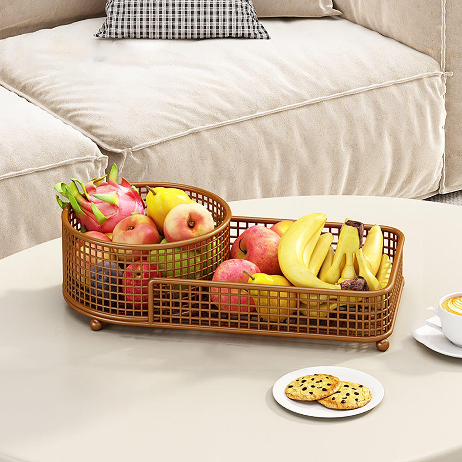 YYLMKMFC-AE 2 Tier Fruit Basket For Kitchen Counter Metal Bowl Vegetable Storage Corner Stand Bread Snack Veggies Holder Organizers(Brown,40x20x11cm)