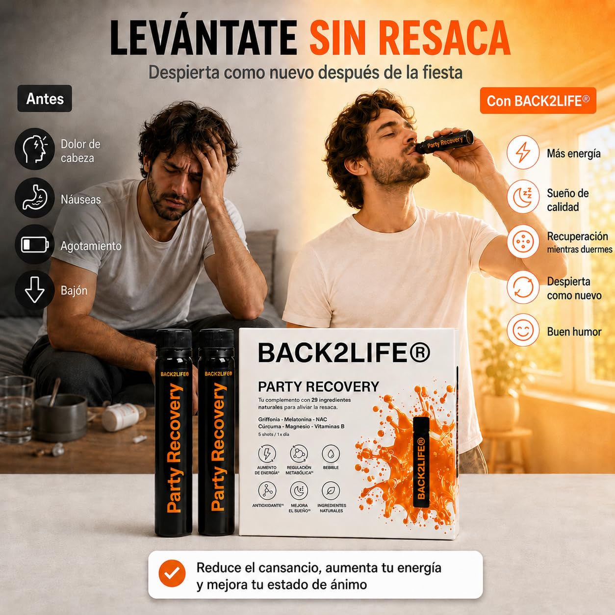 Complemento Stop Resaca Bebible | Vitamina C + Zinc + Taurina + Melatonina + Magnesio Bisglicinato | Anti Resaca 29 Activos Naturales | Kit 5 Shots | Alta Absorción - Party Recovery by BACK2LIFE | Bebible, con Vitamina C, Zinc, Taurina, Melatonina y Magne