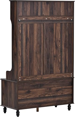 Miniatura 5 de Moderno árbol de pasillo con 4 ganchos, perchero de entrada de madera, banco de almacenamiento integrado con dos estantes superiores de