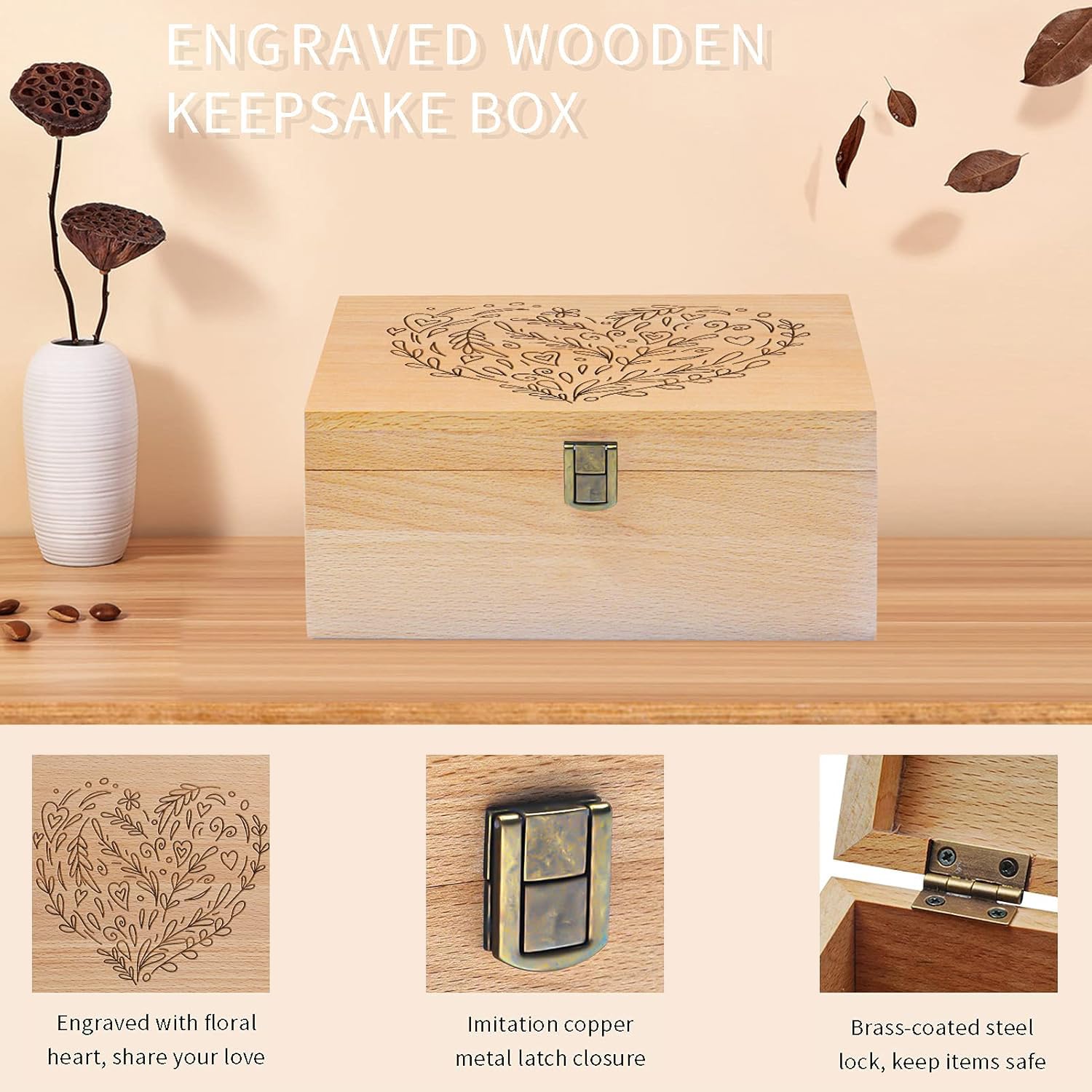 EXISTING Caja de recuerdos para recuerdos, caja de almacenamiento de madera cortada con láser con tapa con bisagras, cajas grandes de recuerdo, almacena joyas, juguetes, fotos y recuerdos en una caja