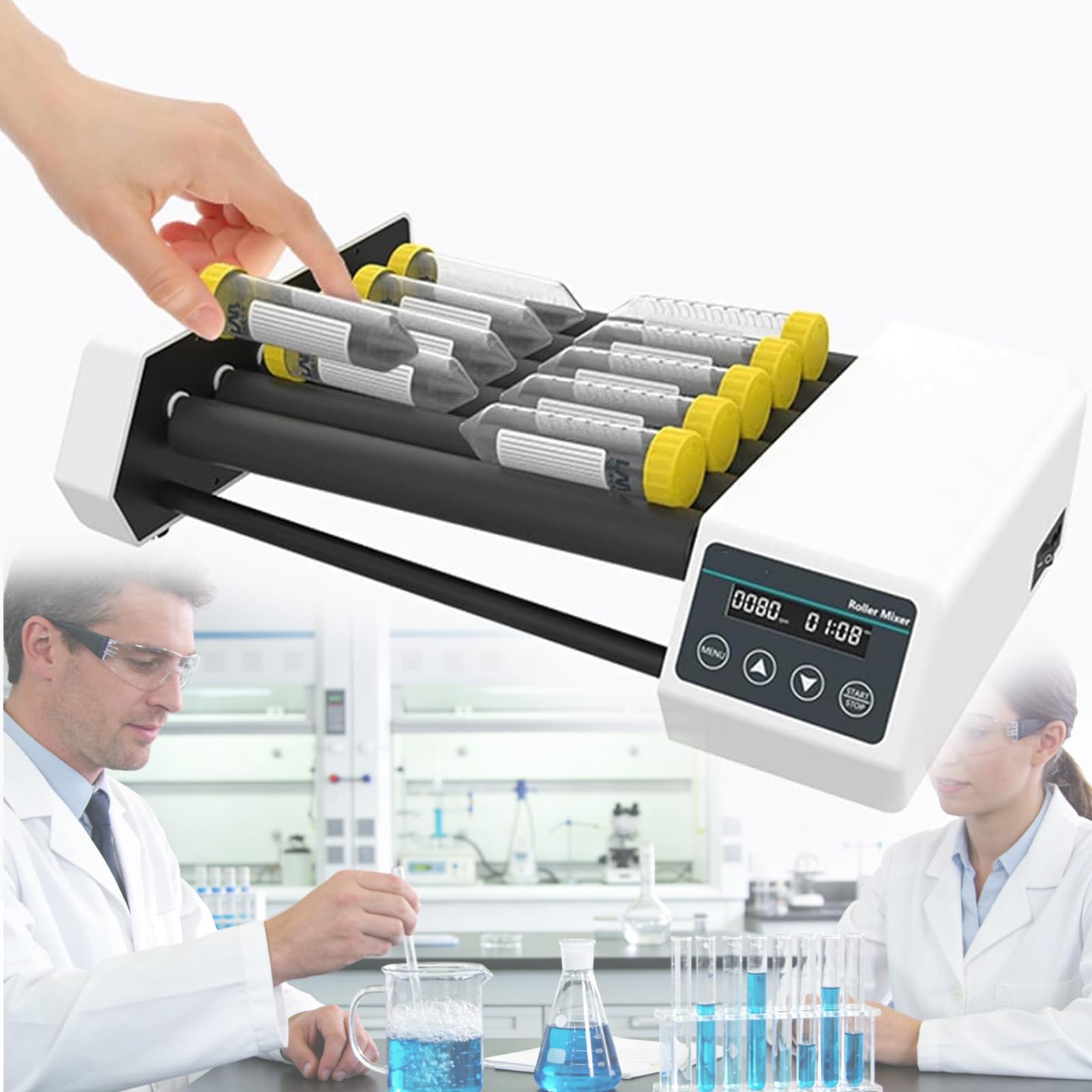Mezclador digital de tubo, mezclador de vaso de laboratorio, velocidad ajustable 20-80 RPM, temporizador 1min-23h59min, modo continuo, distancia central de rodillos 34 mm, para aplicaciones químicas y