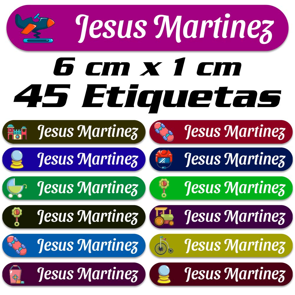 45 Etiquetas Adhesivas Personalizadas con Juguetes para marcar objetos, libros, fiambreras, etc. Medida 6 x 1 cm