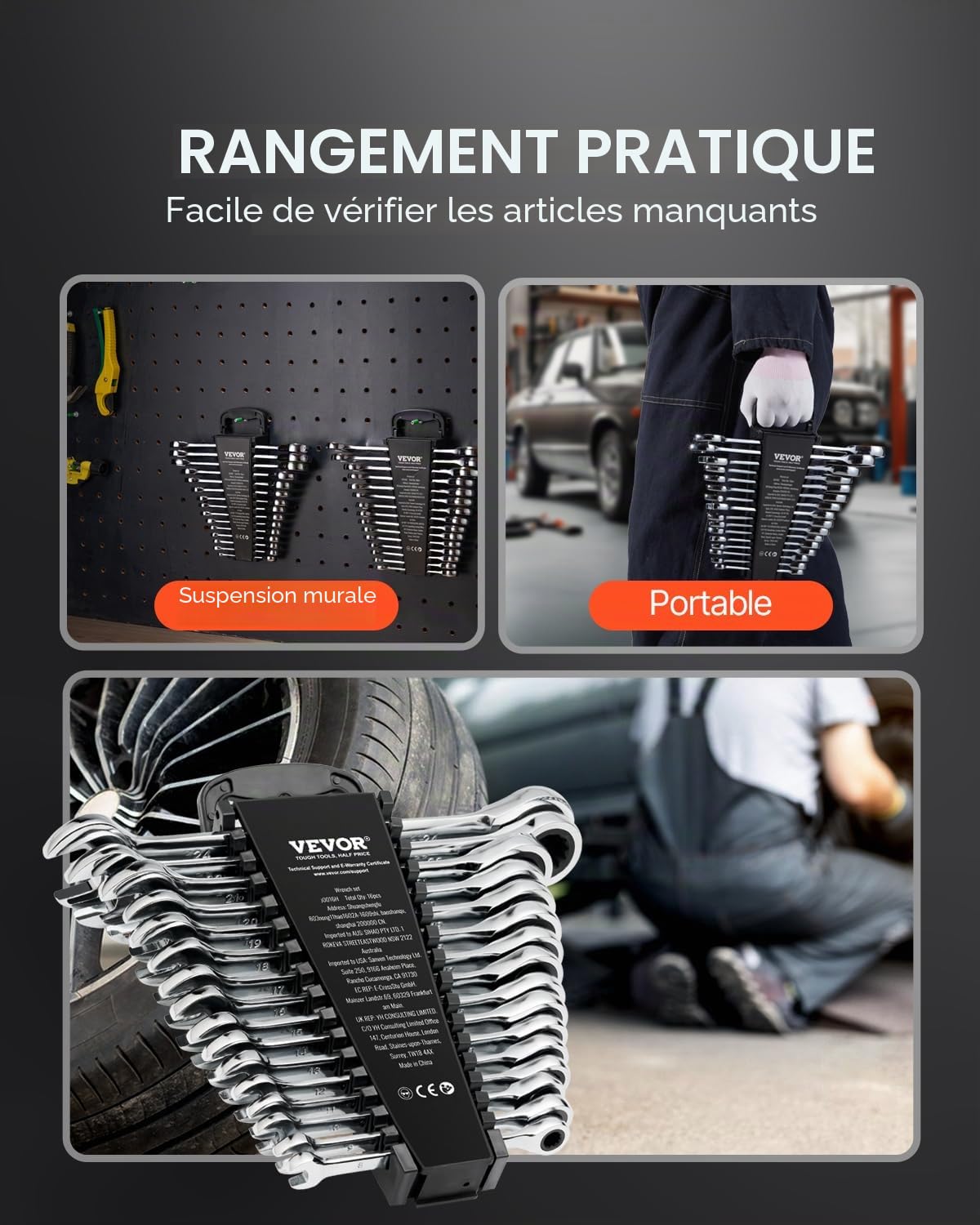 VEVOR Jeu de Clés Mixtes 16 PCs, Clés à Cliquet Métrique 8-24 mm, Ensemble de Clés en Acier Cr-V, avec Support de Rangement, pour Travaux Ménagers Généraux, Réparations Automobiles, Garage, Atelier