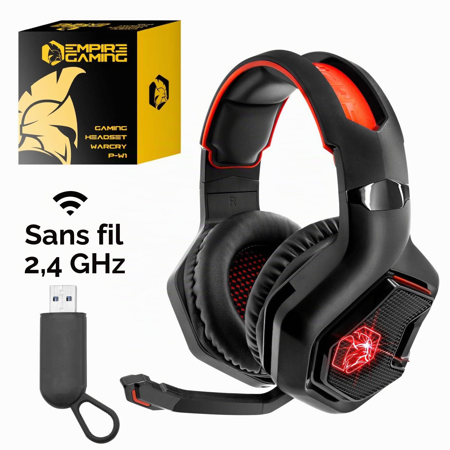 EMPIRE GAMING - WarCry P-W1 Casque Gamer sans Fil WiFi avec Microphone - PS5, PS4, PC, Mac, Xbox, Switch - 2.4 GHz Wireless - Son Stéréo Surround - LED Rouge - 3.5mm Jack
