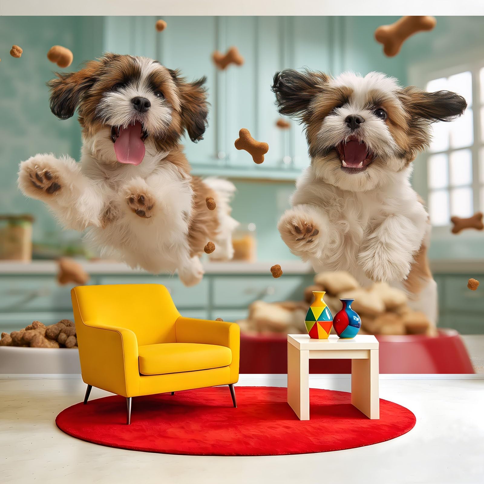 Générique Panoramiczna tapeta z włókniny 3D pies kreskówka 400 x 280 cm, pies shih tzu urocza tapeta - do salonu, sypialni, jadalni, dekoracji ścian, rozmiar na zamówienie