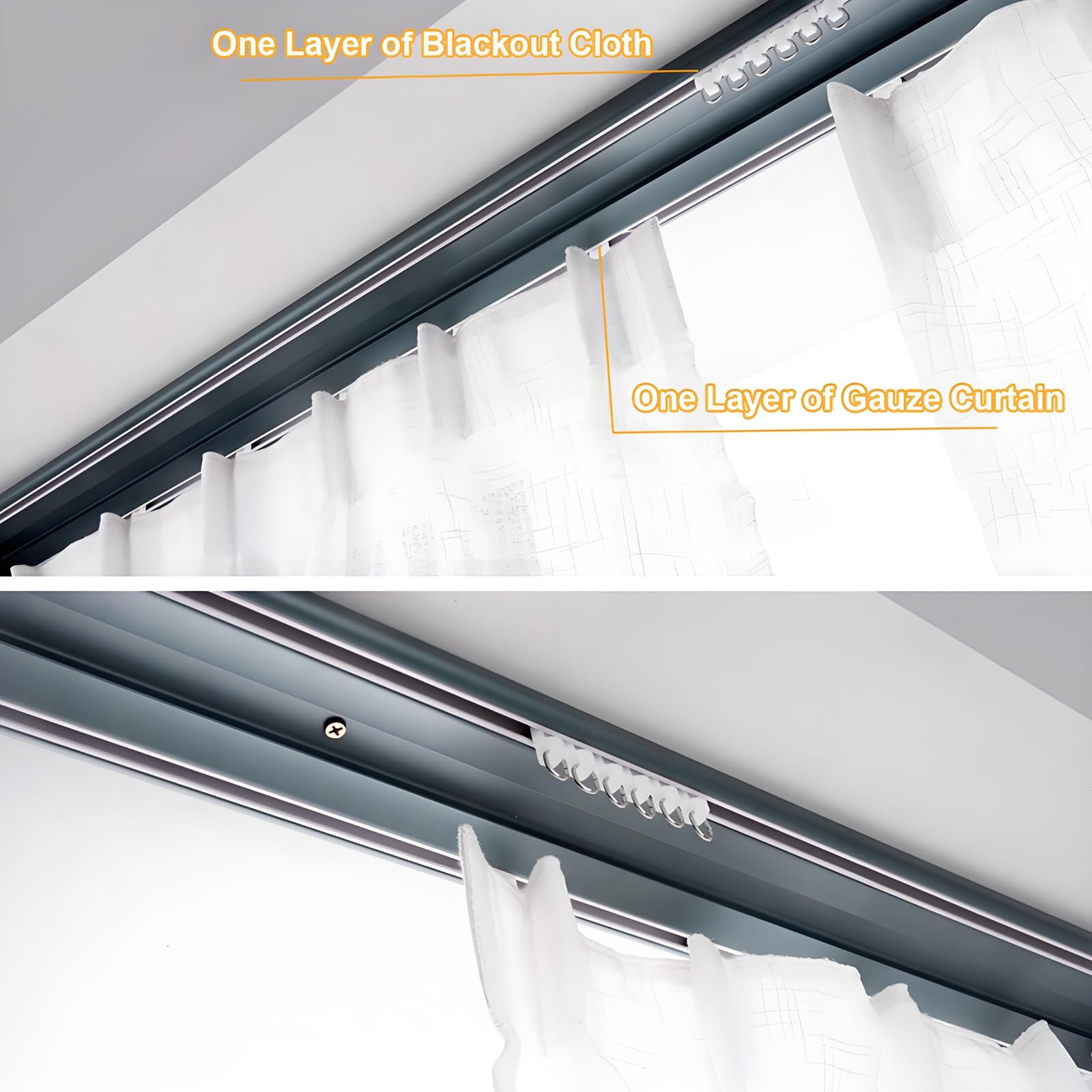 Aluminiowy, 2-warstwowy uchwyt sufitowy, 1, 1,5, 2, 3,6, 4,8, 6 m, cichy drążek zapewniający prywatność, płynne przesuwanie do salonu i sypialni, biały, 2 m