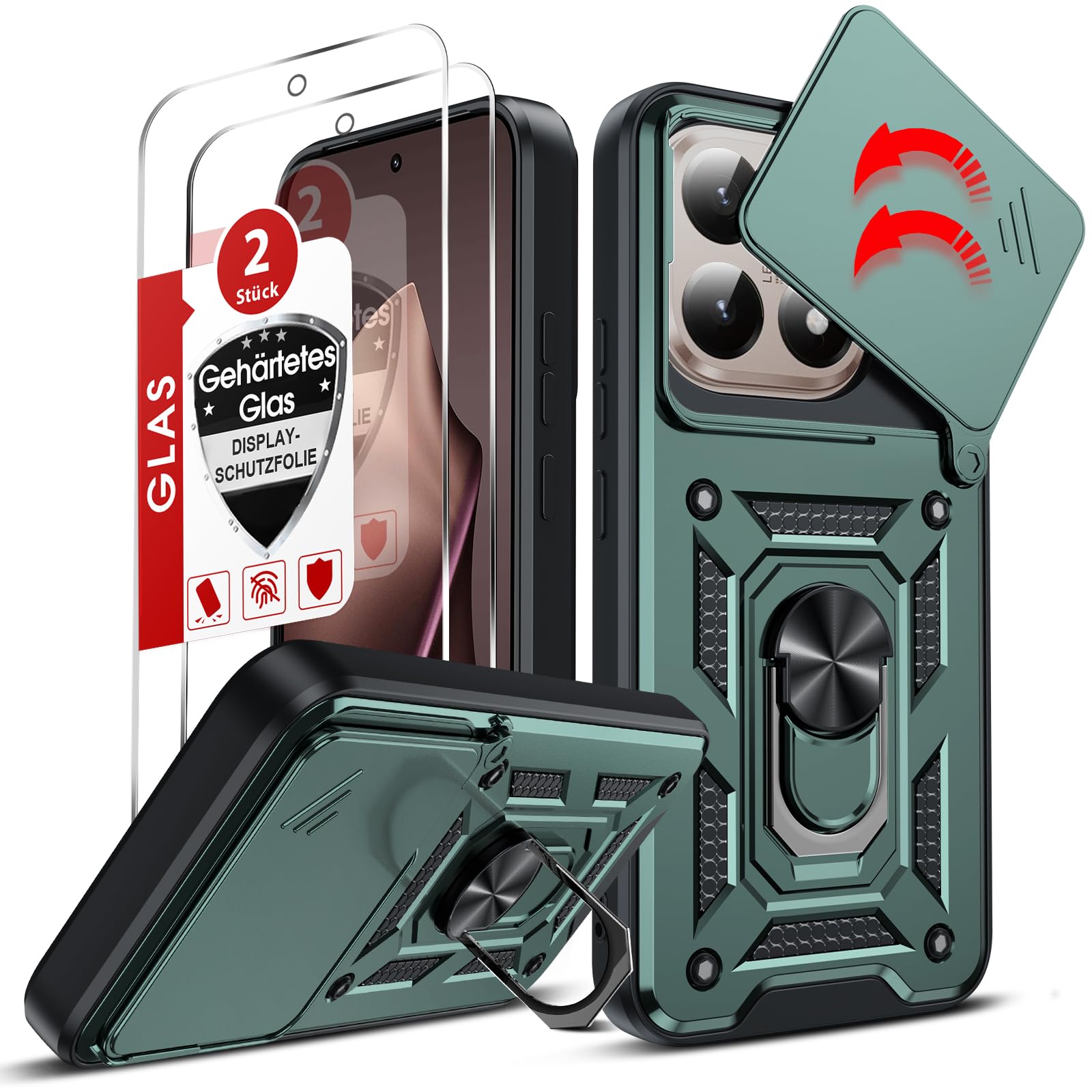 LeYi Kamera Klappe Handyhülle für Xiaomi 15T Pro 5G Hülle & 2 Hartglas Handyfolie, Militärschutz Metallständer Schutzhülle Robust Kamera Abdeckung Halterung Handy Hüllen Fallschutz Cover Grün
