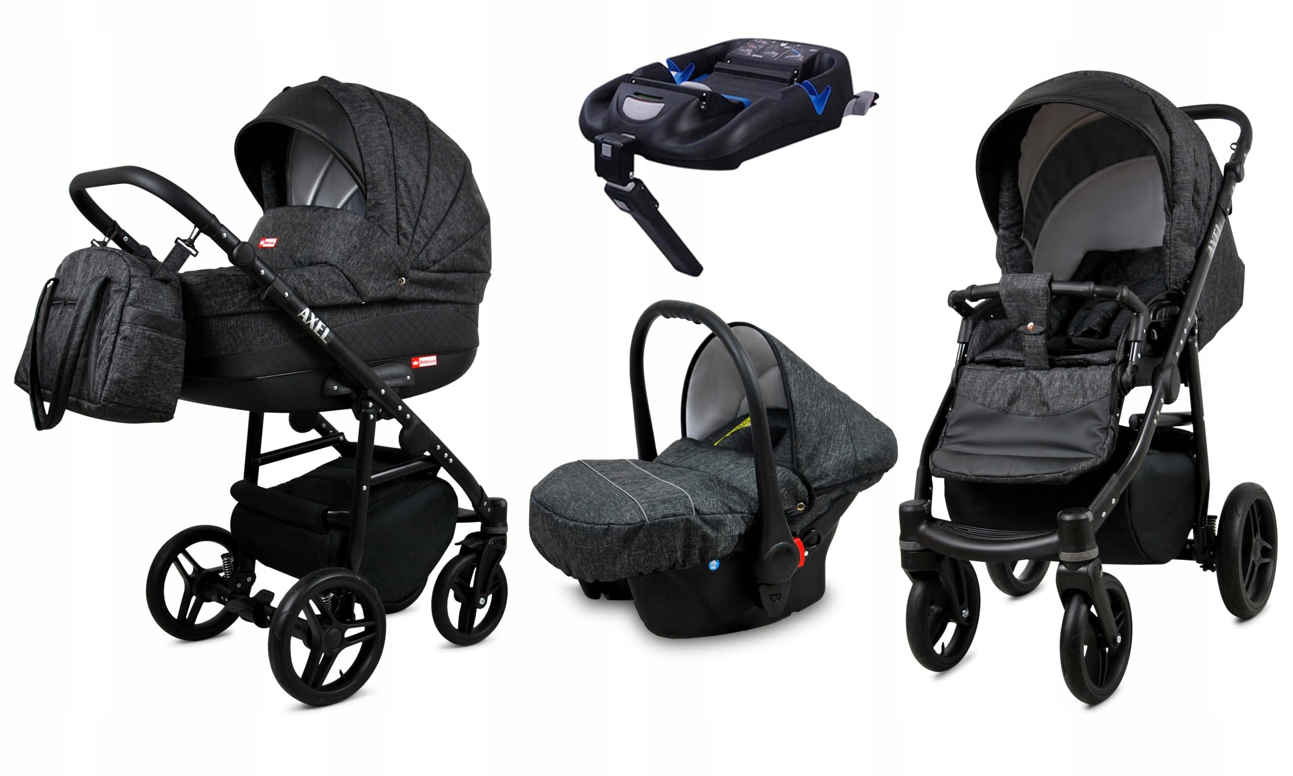 BabyLux® Wózek dziecięcy kompletny zestaw 4 w 1, Axel, w tym gondola dla niemowląt, wędka, fotelik samochodowy, podstawa ISOFIX, wózek dziecięcy, system kombinowany, z torbą do przewijania itp.