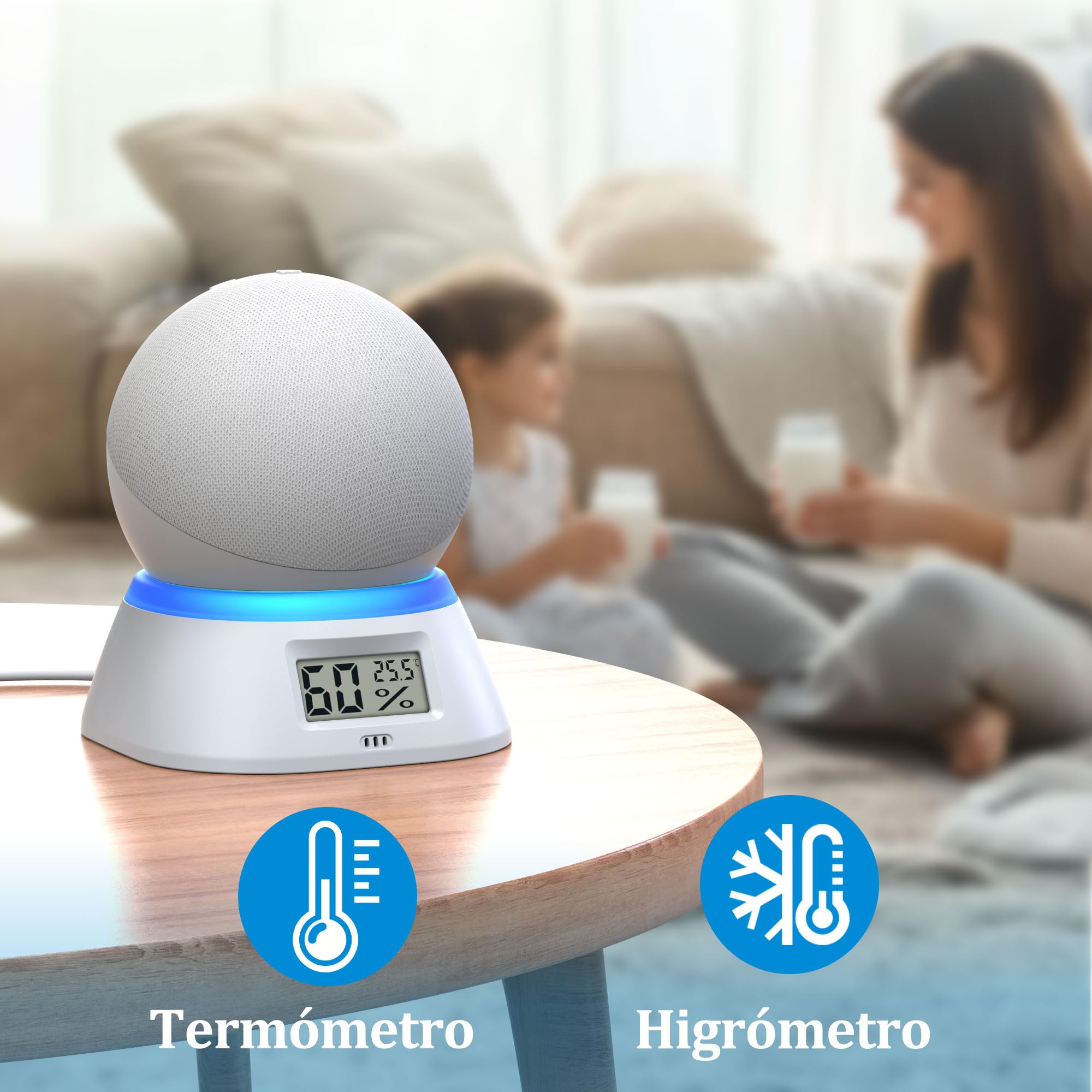 PlusAcc Supporto per Dot Max & Dot & Nest Mini – con termometro e igrometro da tavolo con gestione dei cavi integrata per camera da letto, soggiorno, ufficio (bianco)