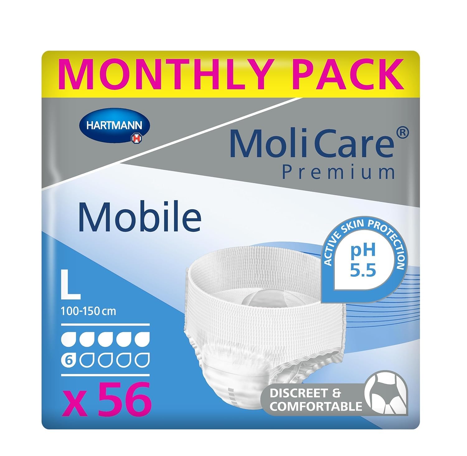 MoliCare Premium Mobile Einweg-Inkontinenzhosen: für Damen und Herren mit Inkontinenz; 6 Tropfen, Größe L, 4 Packungen mit je 14 Paar (56 Stück)