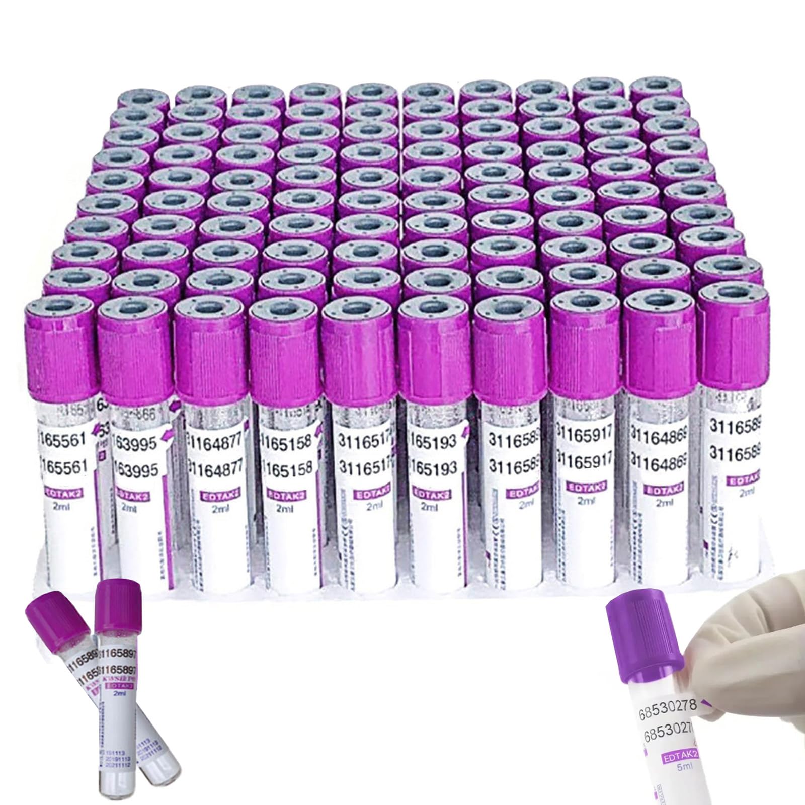 100 Provette Monouso Per Prelievo Di Sangue Sottovuoto, Provette In Vetro Per Prelievo Di Sangue Da 2ml/5ml/10ml, Provette Per Prelievo Di Sangue Anticoagulante EDTAK2, Con Tappo A Vite Viola 10ml