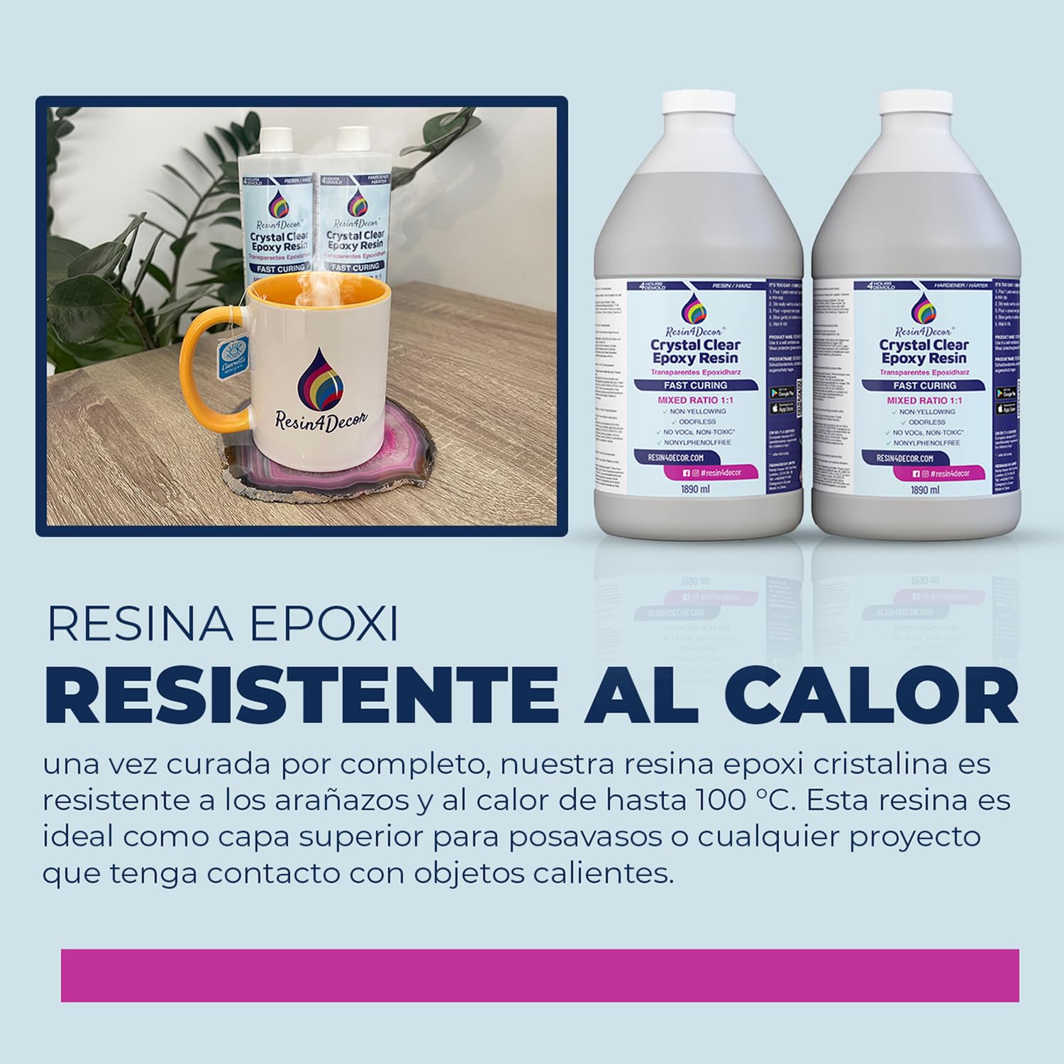 Resina Epoxi Transparente de Curado Rápido (4h desmoldado) RESIN4DECOR 1:1 Resina y Endurecedor Para Manualidades Fabricación de Joyas No Amarillea Acabado de Alto Brillo Resistente al Calor - 3780ml