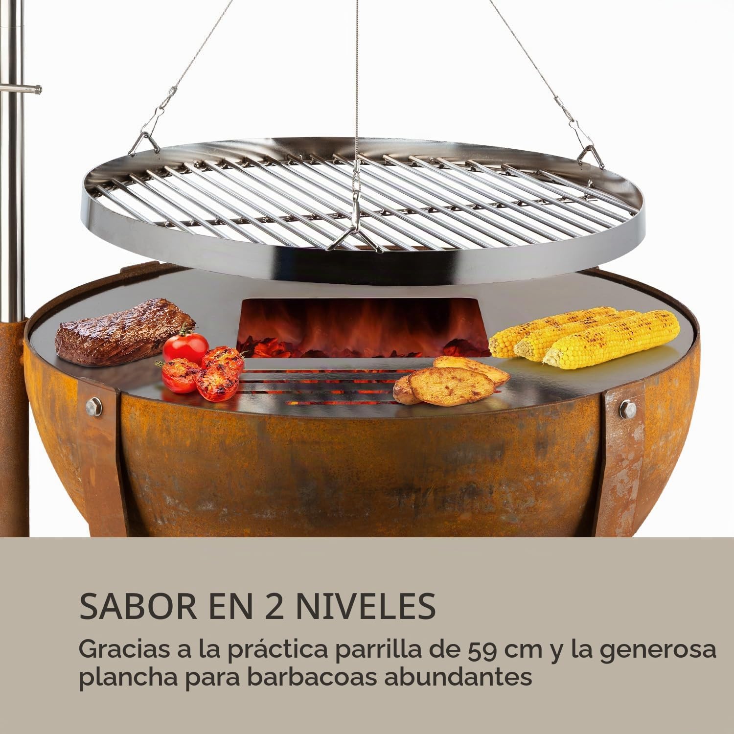 blumfeldt Fire Globe Brasero con Parrilla, Anillo Ø 59 cm, Brasero Ø 60 cm, Rejilla Ø 59 cm, 60 x 120 cm (Ø x H), Look Usado: Aspecto óxido, Regulable en Altura, marrón