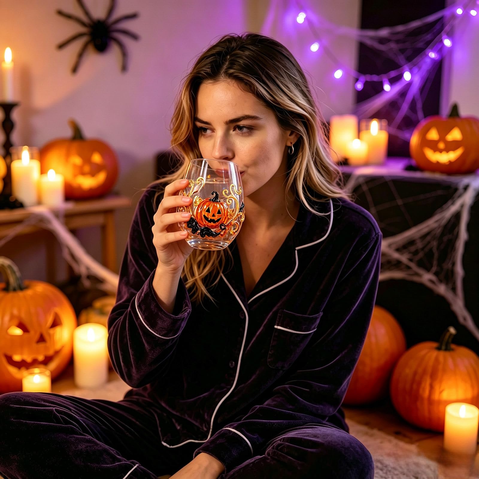Halloween-2D-Glaswaren-Kollektion, Stiellose Trinkgläser mit erhöhtem Kürbis-Geist, schwarzes Katzennetz-Design, gruselige, transparente Becher für Cocktails, Saft, Eiskaffee, Party-Geschenk