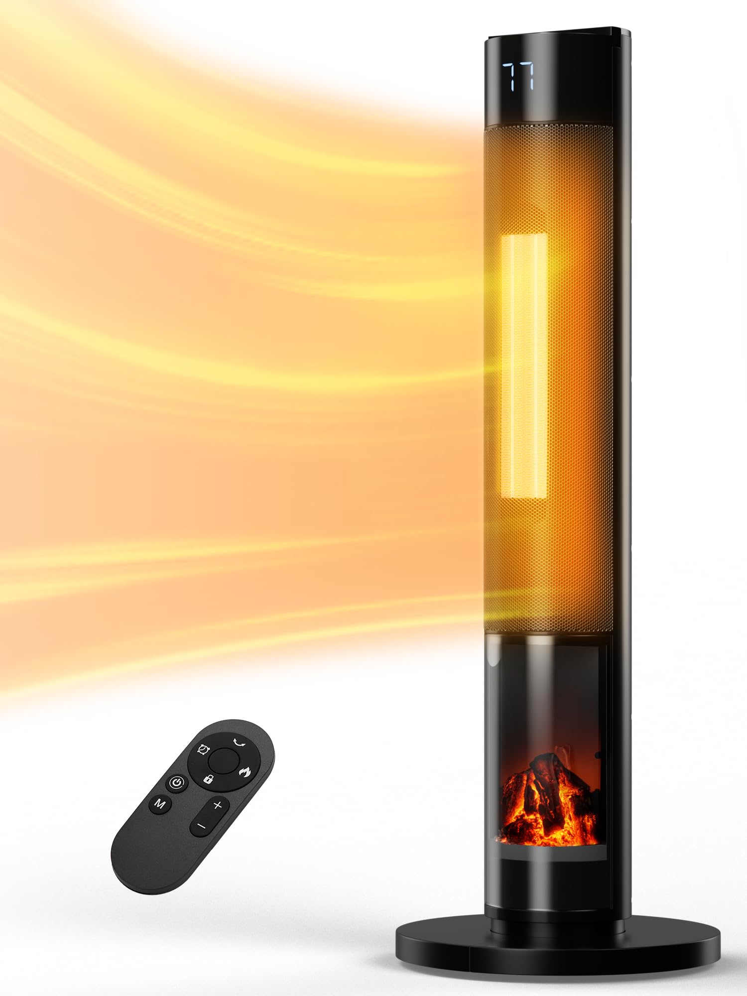 Space Heaters for Indoor,34”Large PTC Ceramic Heater with Flame,1500W Electric Heater with Thermostat,80°Oscillating Portable Tower Heater with Remote for Room,Bedroom,Home,Office(Black)