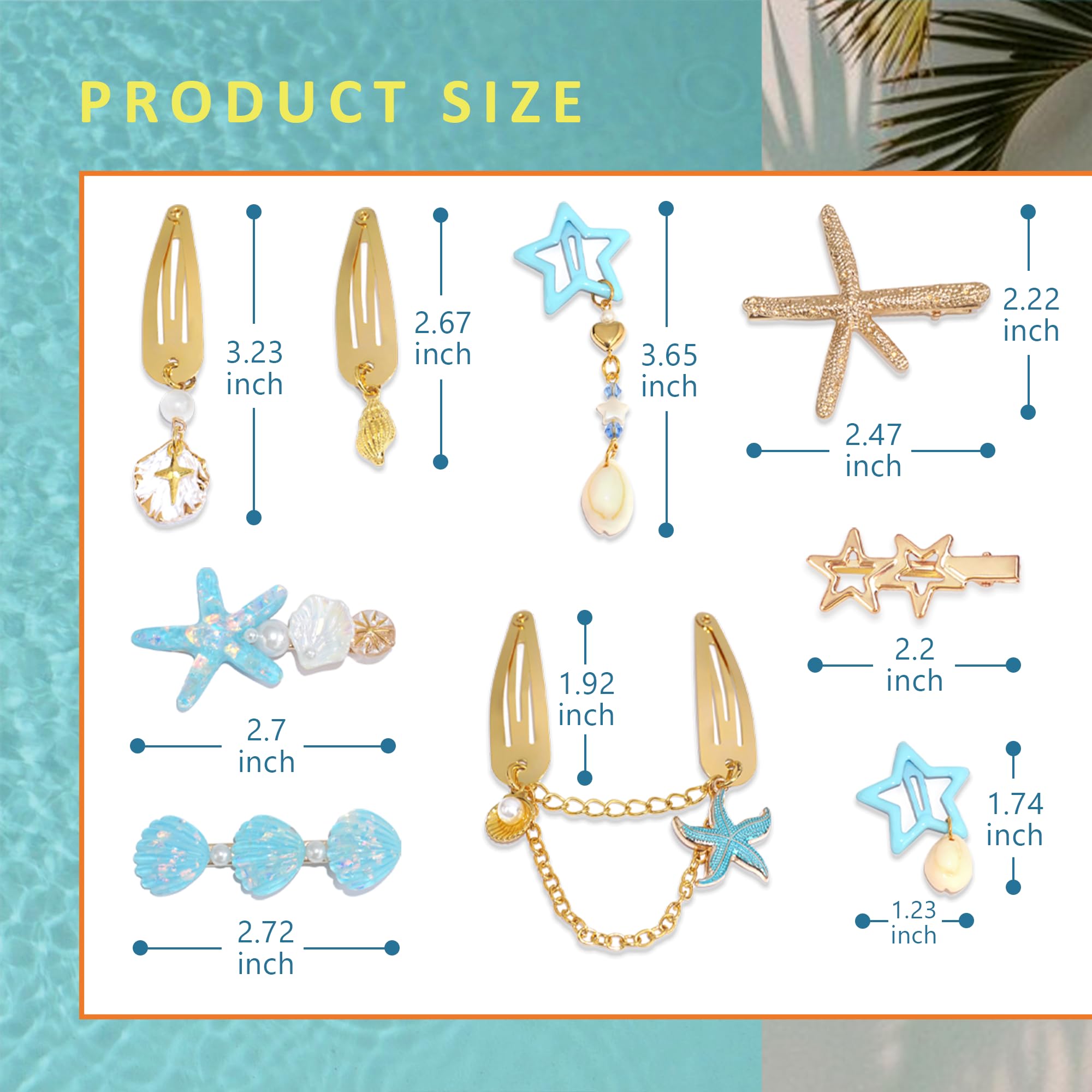 10 pinzas para el pelo con diseño de estrella de mar azul brillante dorado con conchas marinas Y2K, accesorios para el cabello para mujeres y niñas